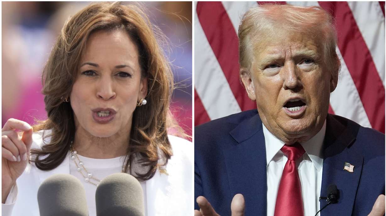 Vice President Kamala Harris on Aug. 7 and Republican presidential candidate former President Donald Trump on July 31. Trump and Harris are marking the first anniversary of the deadly Oct. 7 attack on Israel.
