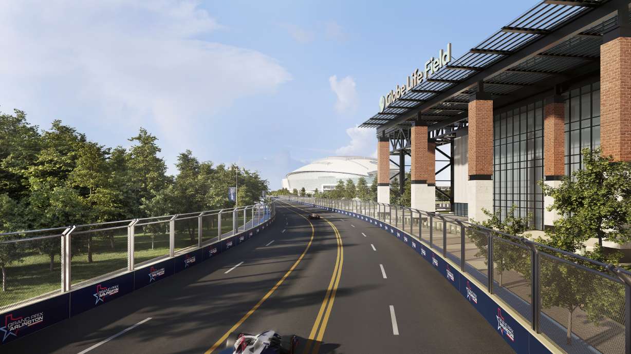 This artists rendering provided by IndyCar shows race cars passing Globe Life Field and AT&T Stadium during an IndyCar race in Arlington, Texas.