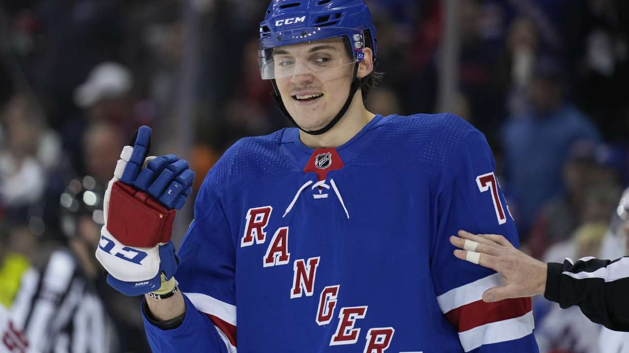 FILE - New York Rangers' Matt Rempe reacts during the third period in Game 1 of an NHL hockey Stanley Cup first-round playoff series against the Washington Capitals, April 21, 2024, in New York.