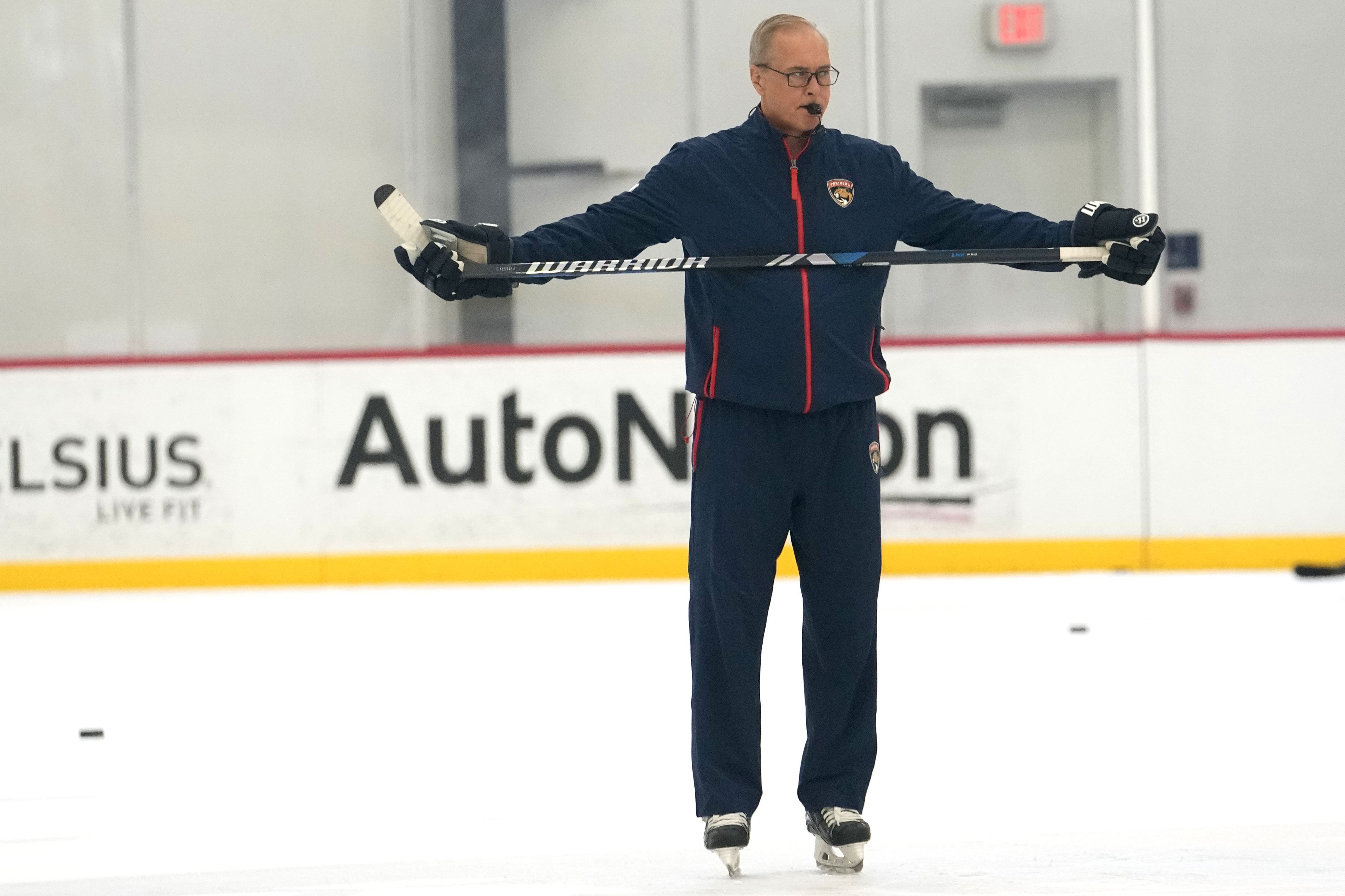 Florida Panthers head coach Paul Maurice leads players during NHL hockey training camp Thursday, Sept. 19, 2024, in Fort Lauderdale, Fla.