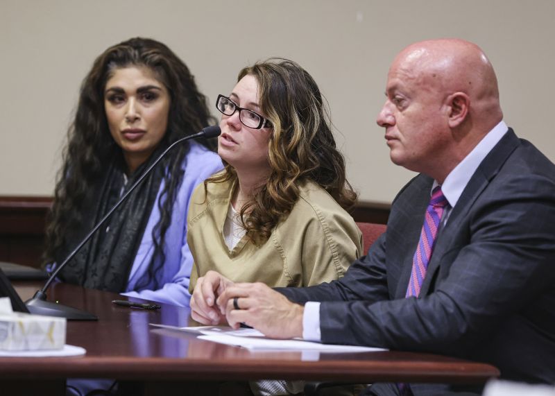 Hannah Gutierrez-Reed, the weapons supervisor on the set of the Western film “Rust," center, speaks to Judge T. Glenn Ellington during her plea hearing at the 1st Judicial District Courthouse in Santa Fe, N.M., Monday. - Gabriela Campos, Santa Fe New Mexican via AP