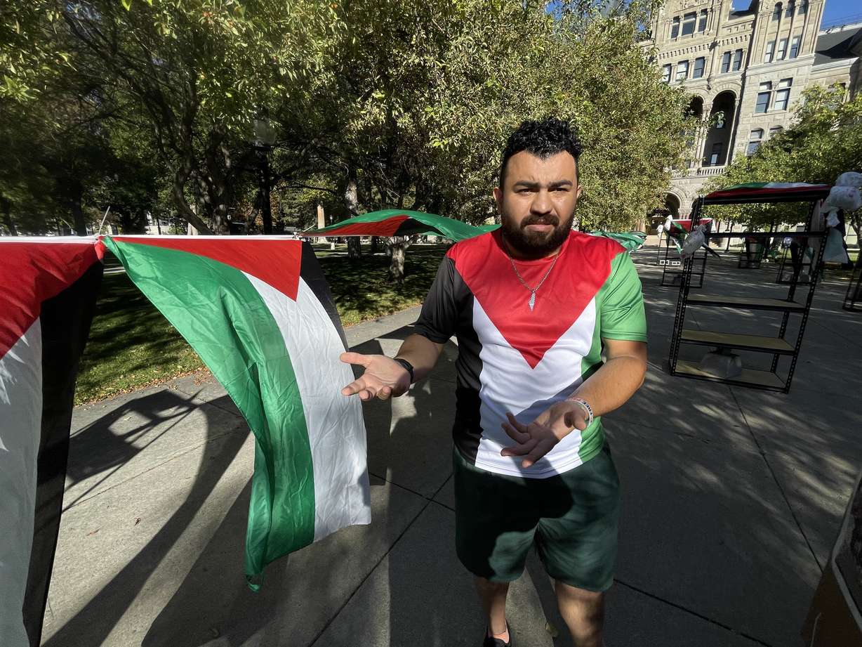 Aziz Abuzayed at an event in Salt Lake City on Monday, to call attention to the Palestinians killed by Israeli forces in the aftermath of the Oct. 7, 2023, Hamas attacks on Israel.