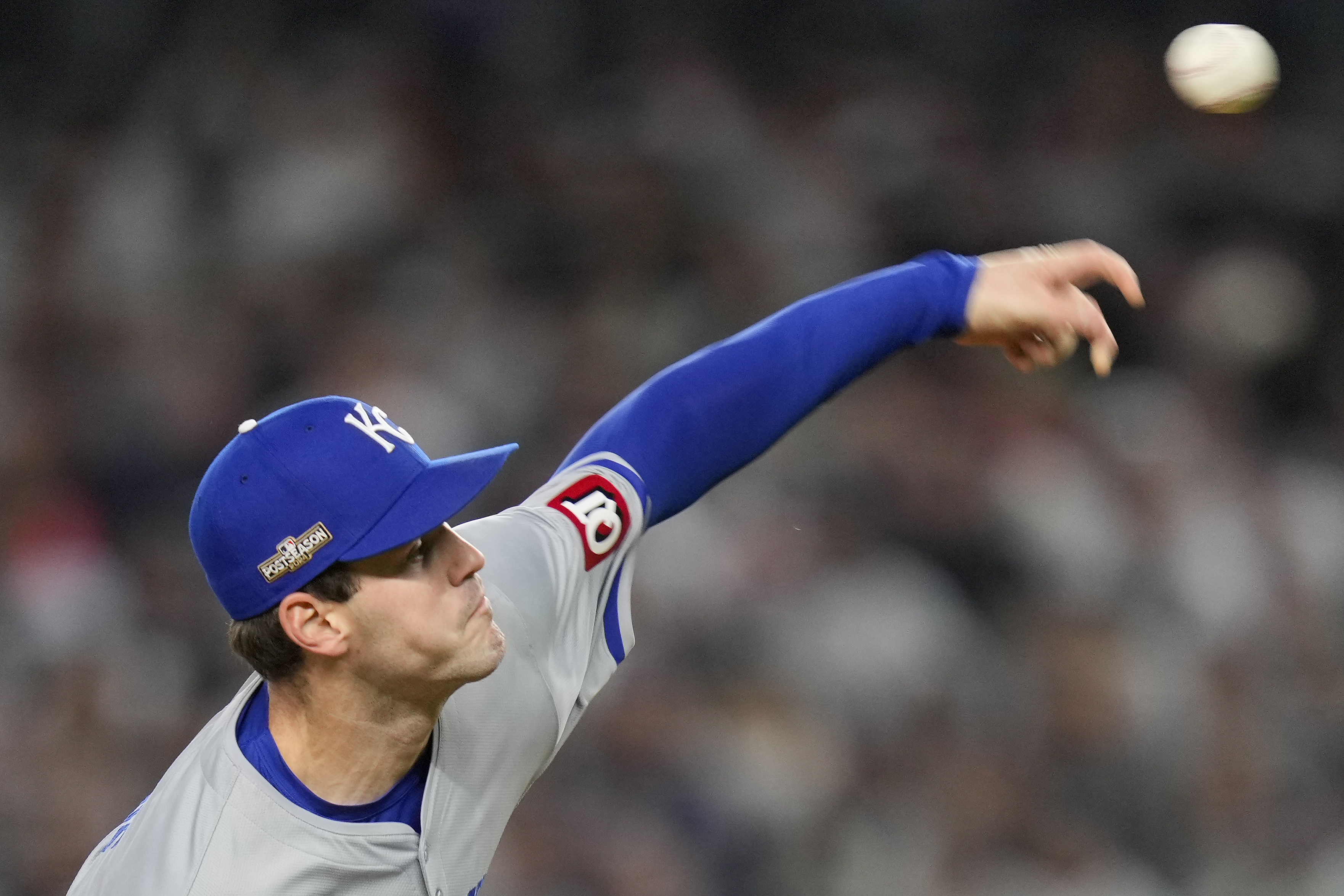Kansas City Royals pitcher Cole Ragans delivers against the New York Yankees during the first inning of Game 2 of the American League baseball playoff series, Monday, Oct. 7, 2024, in New York.