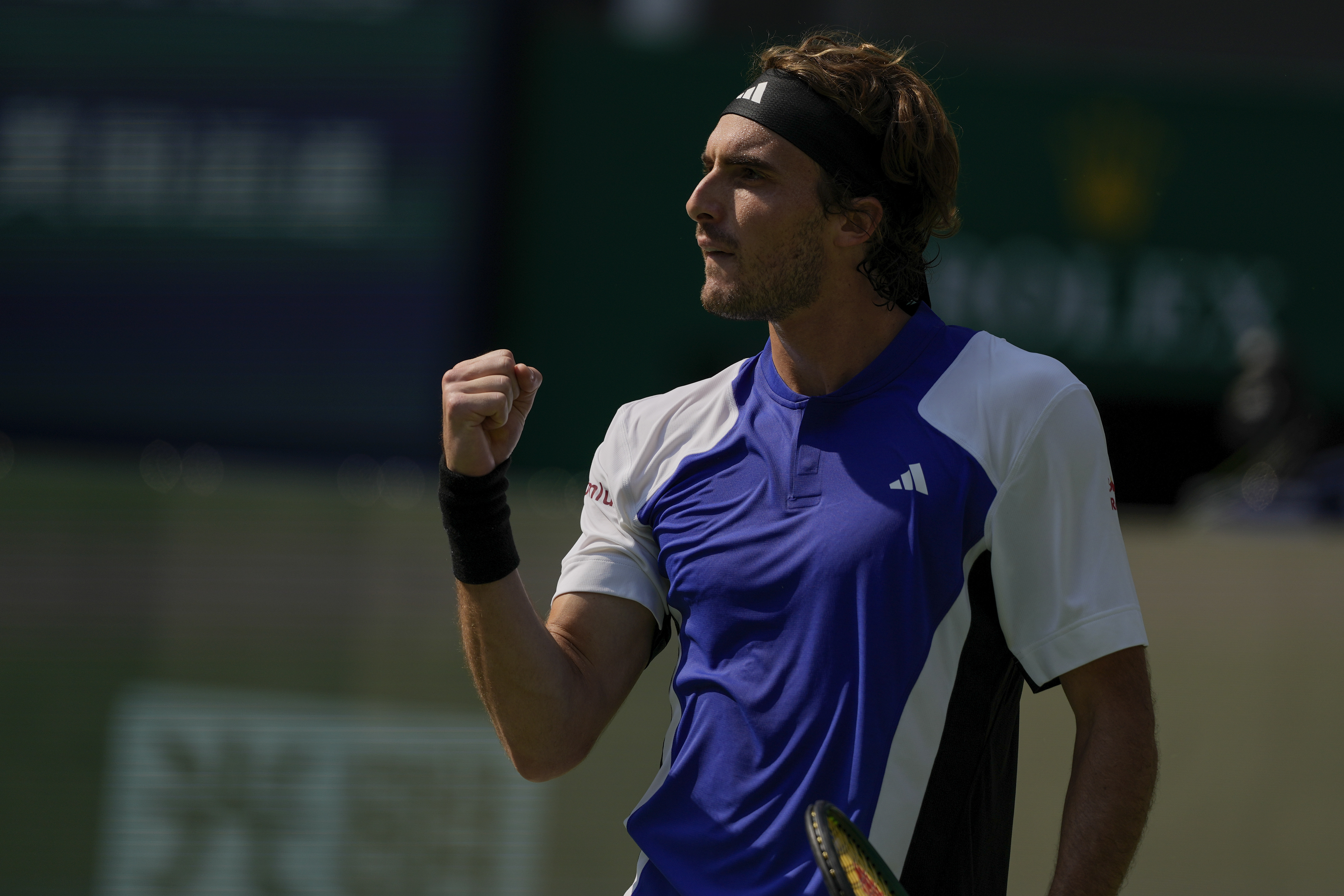 Stefanos Tsitsipas of Greece reacts during the men's singles third round match against Alexandre Muller of France, in the Shanghai Masters tennis tournament at Qizhong Forest Sports City Tennis Center in Shanghai, China