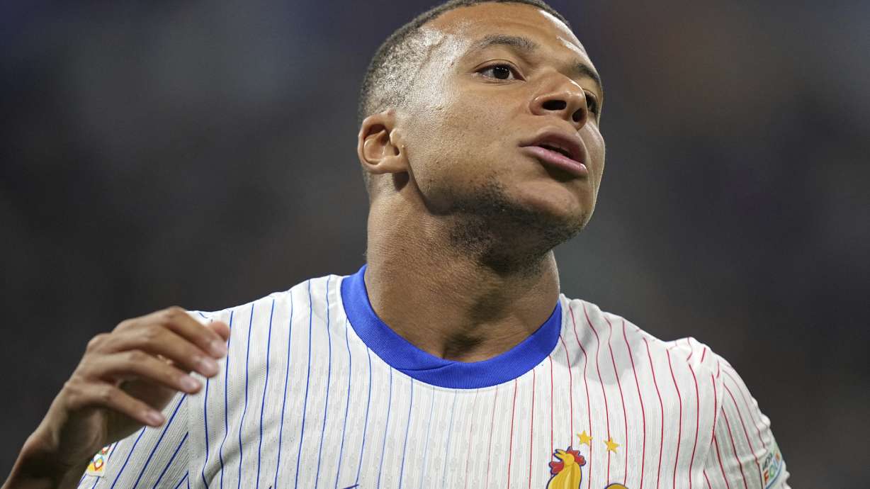 France's Kylian Mbappe reacts during the UEFA Nations League soccer match between France and Belgium at the Groupama stadium in Decines, outside Lyon, France, Monday, Sept. 9, 2024.