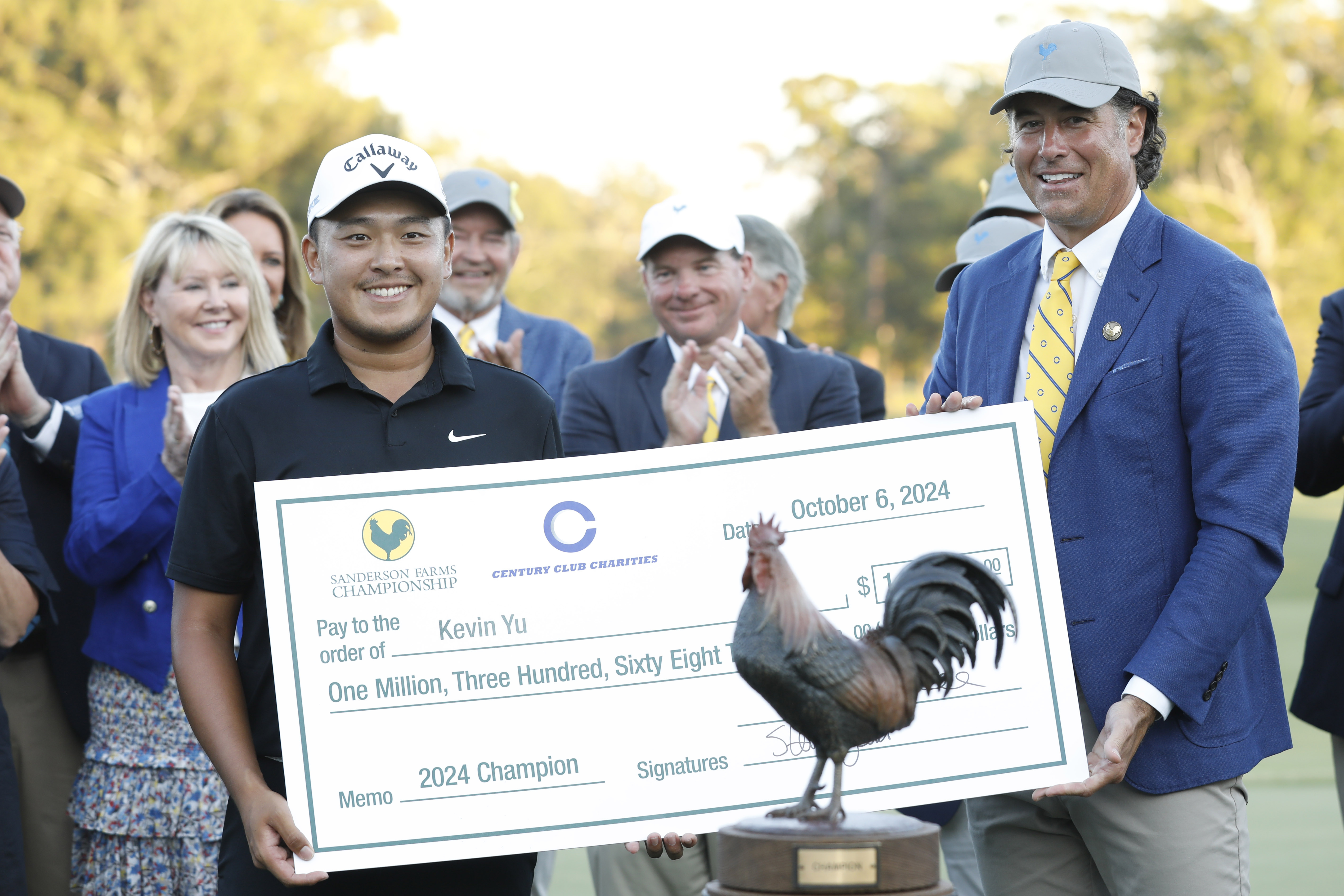 Kevin Yu, of Taiwan, celebrates his win of the 2024 Sanderson Farms Championship at the Country Club of Jackson on Sunday, Oct. 06, 2024, in Jackson, Miss.