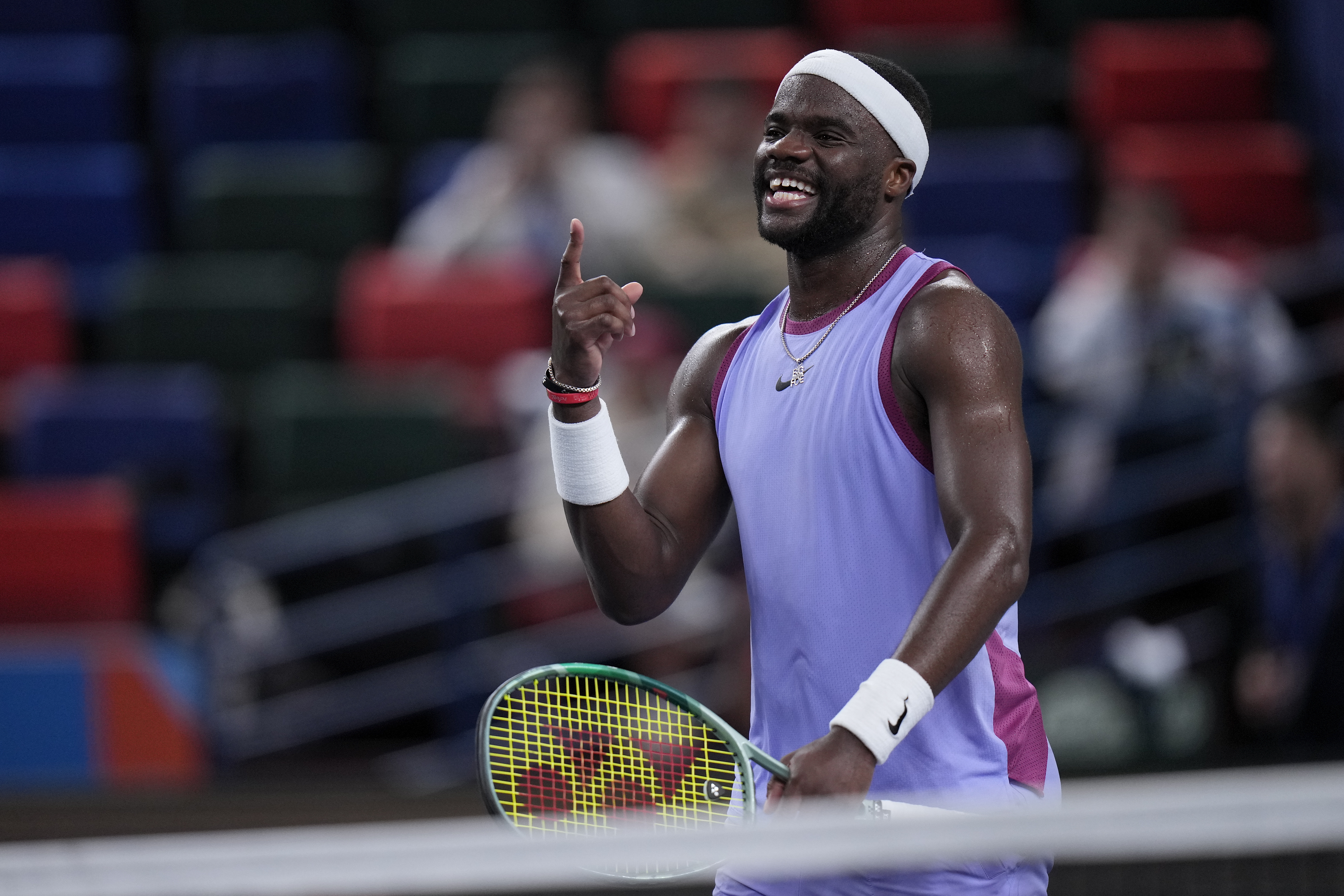 Frances Tiafoe of the United States reacts after defeating Zhou Yi of China in the men's singles second round match in the Shanghai Masters tennis tournament at Qizhong Forest Sports City Tennis Center in Shanghai, China, Monday, Oct. 7, 2024.