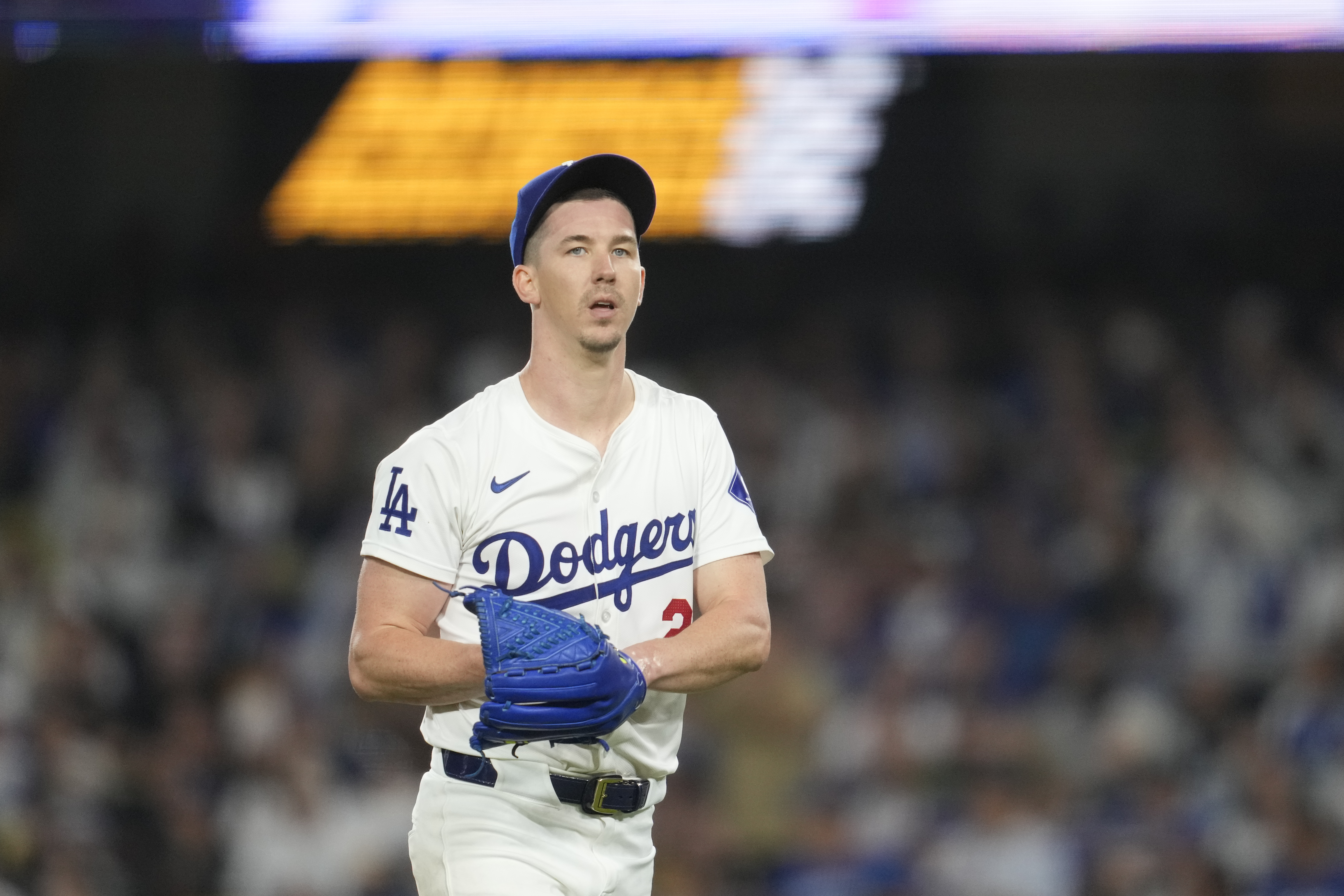 Los Angeles Dodgers starting pitcher Walker Buehler looks on during the fifth inning of a baseball game against the San Diego Padres Thursday, Sept. 26, 2024, in Los Angeles.