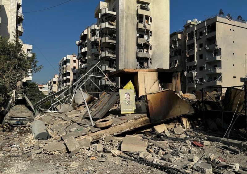 A view shows a damaged site in the aftermath of Israeli strikes on Beirut's southern suburbs, amid the ongoing hostilities between Hezbollah and Israeli forces, Lebanon, Tuesday.