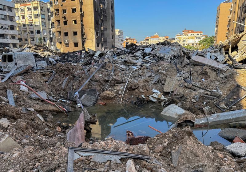 A view shows a damaged site in the aftermath of Israeli strikes on Beirut's southern suburbs, amid the ongoing hostilities between Hezbollah and Israeli forces, Lebanon, Wednesday.