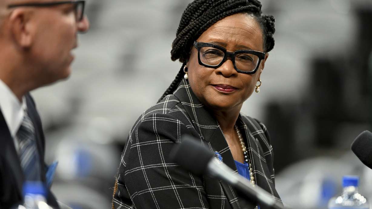 FILE - Dallas Mavericks CEO Cynt Marshall looks on as new head coach Jason Kidd speaks at an introductory press conference, Thursday, July 15, 2021, in Dallas.