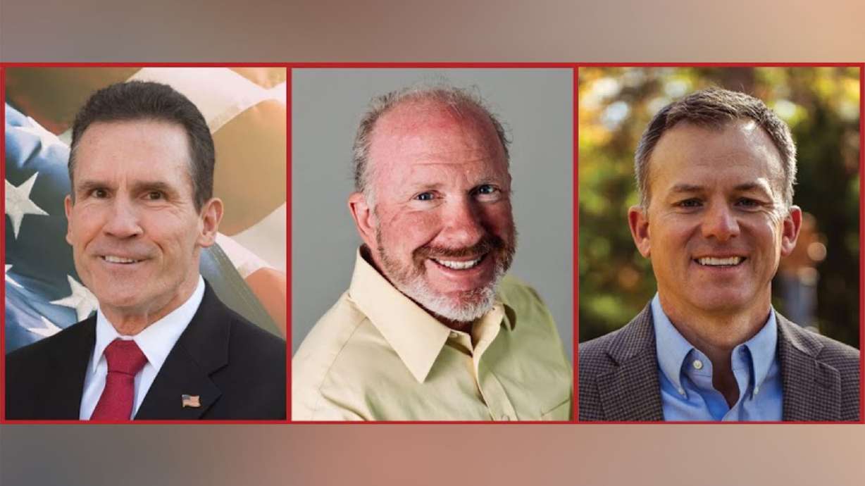 Democrat Bill Campbell, left, Libertarian Daniel Cottam, center, and Republican Blake Moore are set to debate Tuesday in the 1st District congressional race.