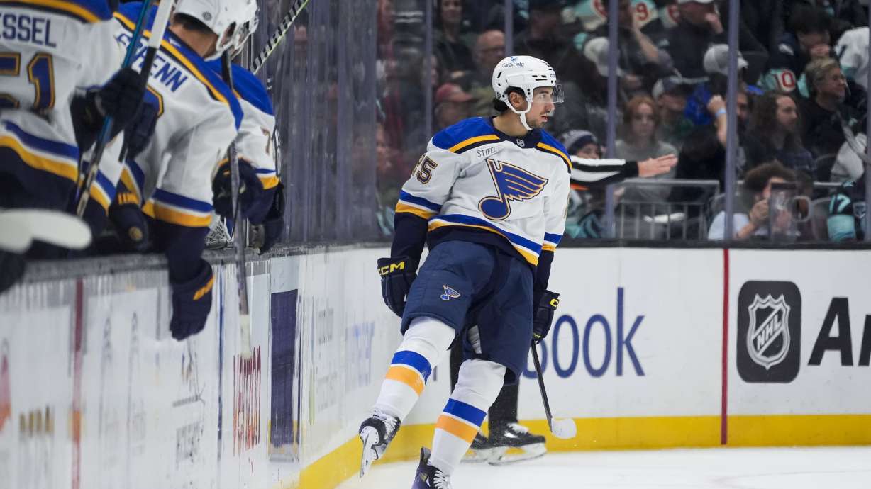 St. Louis Blues center Jordan Kyrou celebrates his goal against the Seattle Kraken during the second period of an NHL hockey game Tuesday, Oct. 8, 2024, in Seattle.