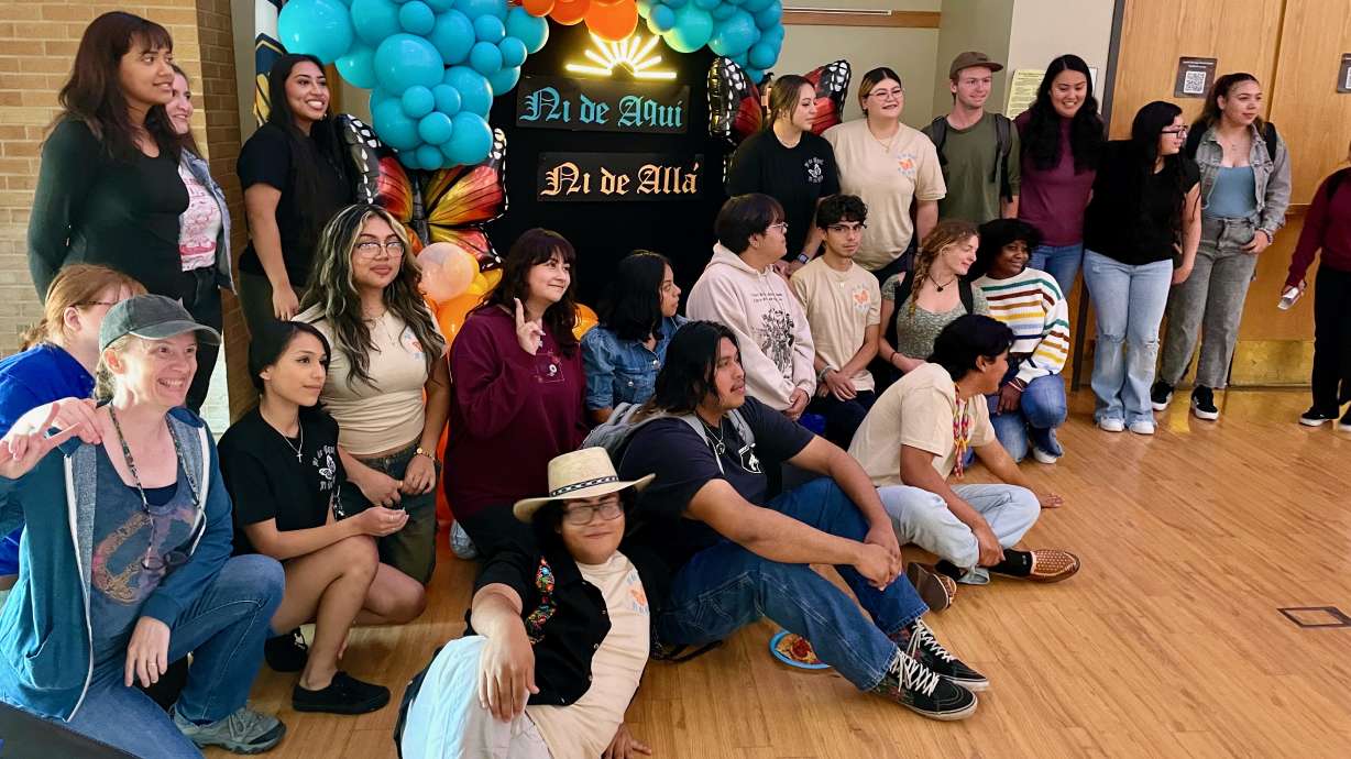 Students and staff at Salt Lake Community College after a discussion on Tuesday about how Latino students balance their U.S. and Latin American ties, "Not from Here, Not from There."