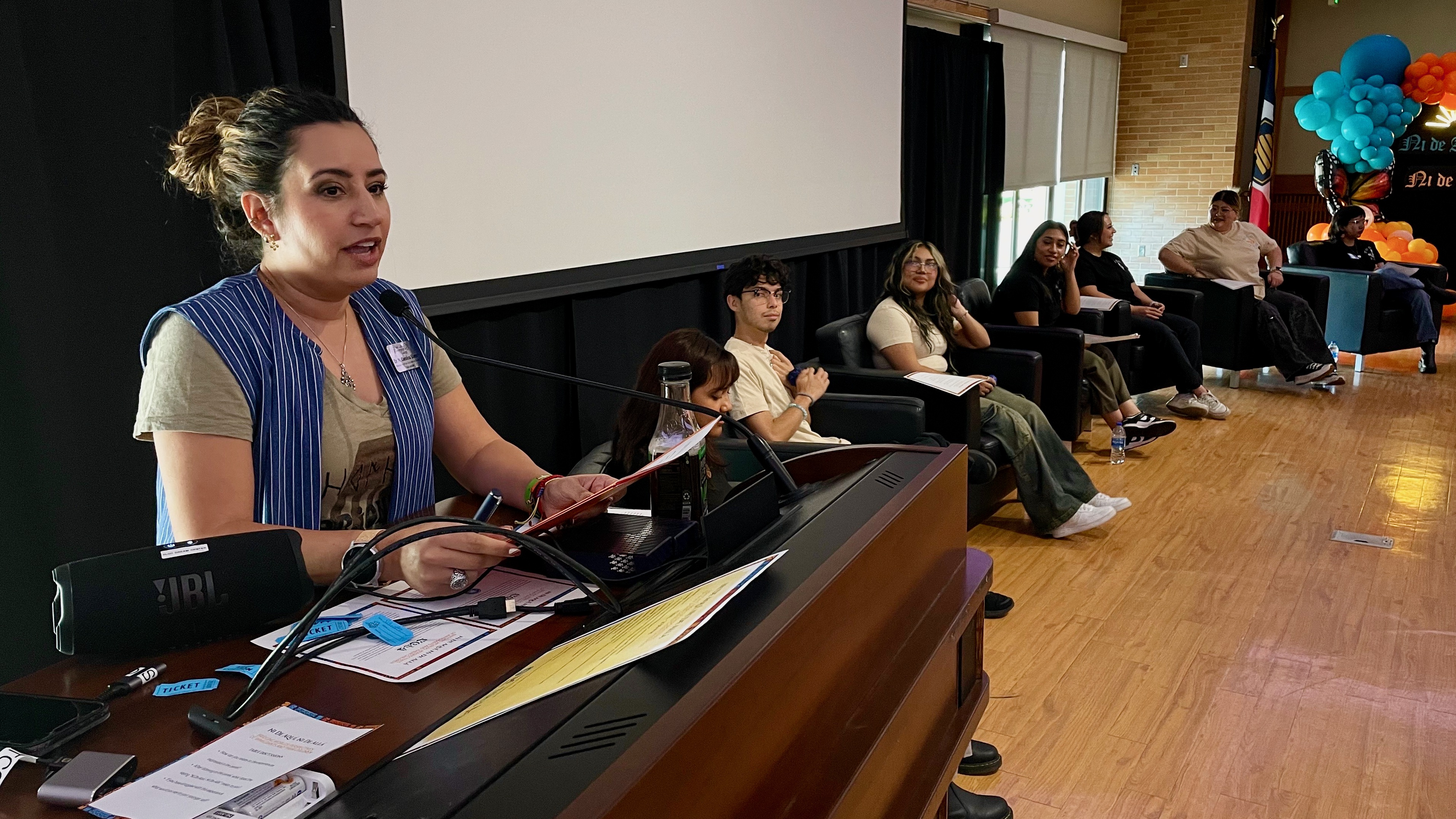 Carolyn Bloem, of Salt Lake Community College, left, at a panel discussion held Tuesday about how Latino students balance their U.S. and Latin American ties, "Not from Here, Not from There."