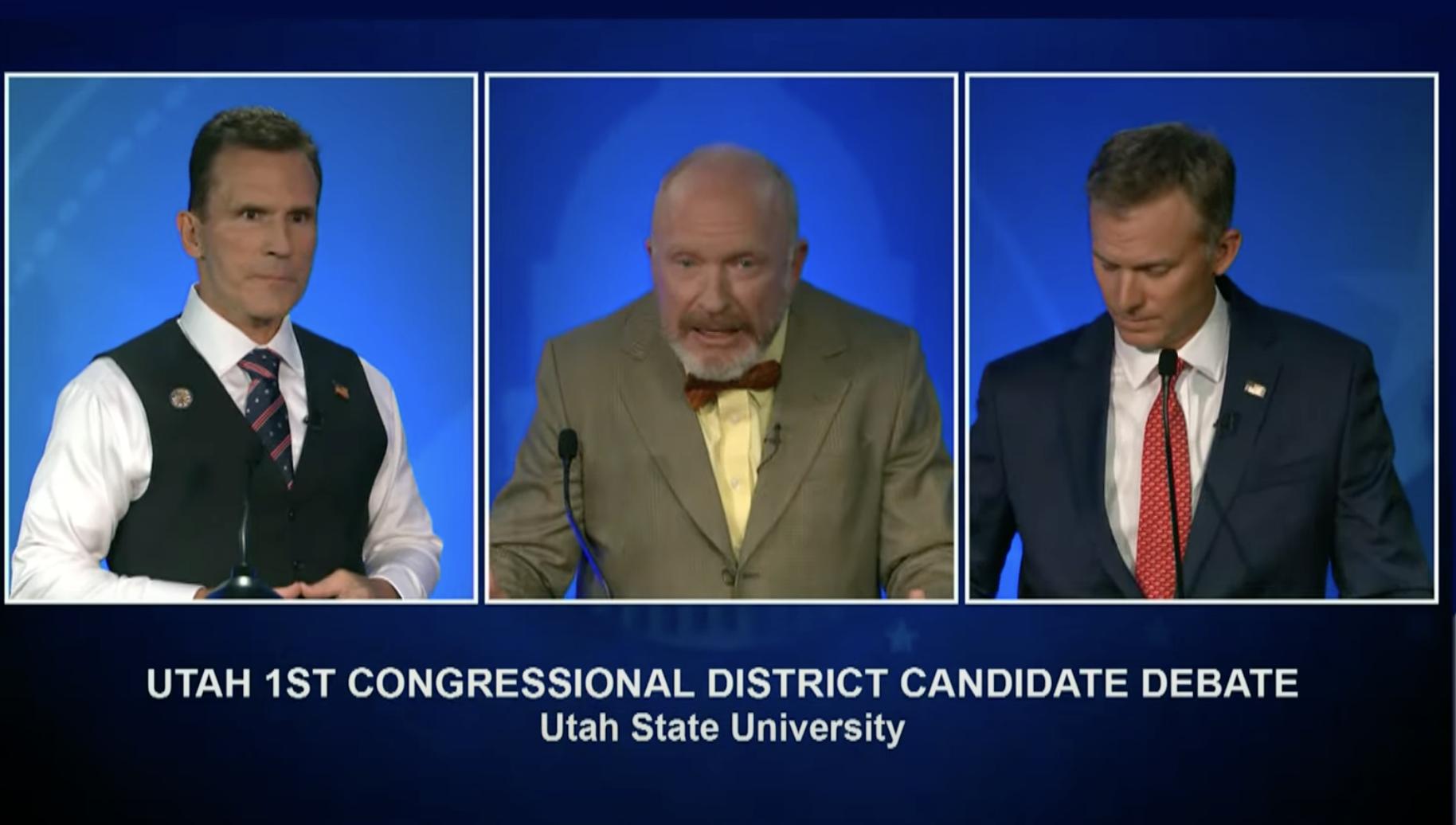 Candidates Bill Campbell, Daniel Cottam and Blake Moore debate solutions to immigration, fiscal spending and housing Tuesday night at Utah State University.