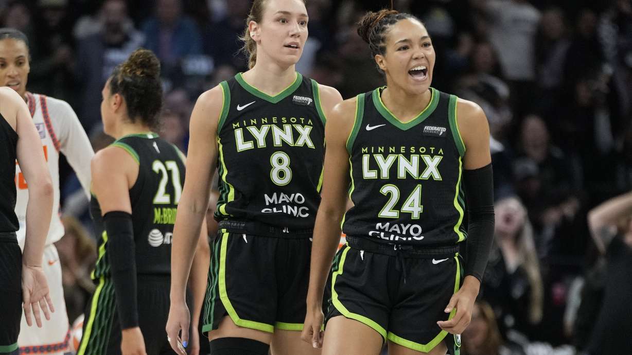 Minnesota Lynx forward Napheesa Collier (24) reacts after a Connecticut Sun timeout called during the first half of Game 5 of a WNBA basketball semifinals, Tuesday, Oct. 8, 2024, in Minneapolis.