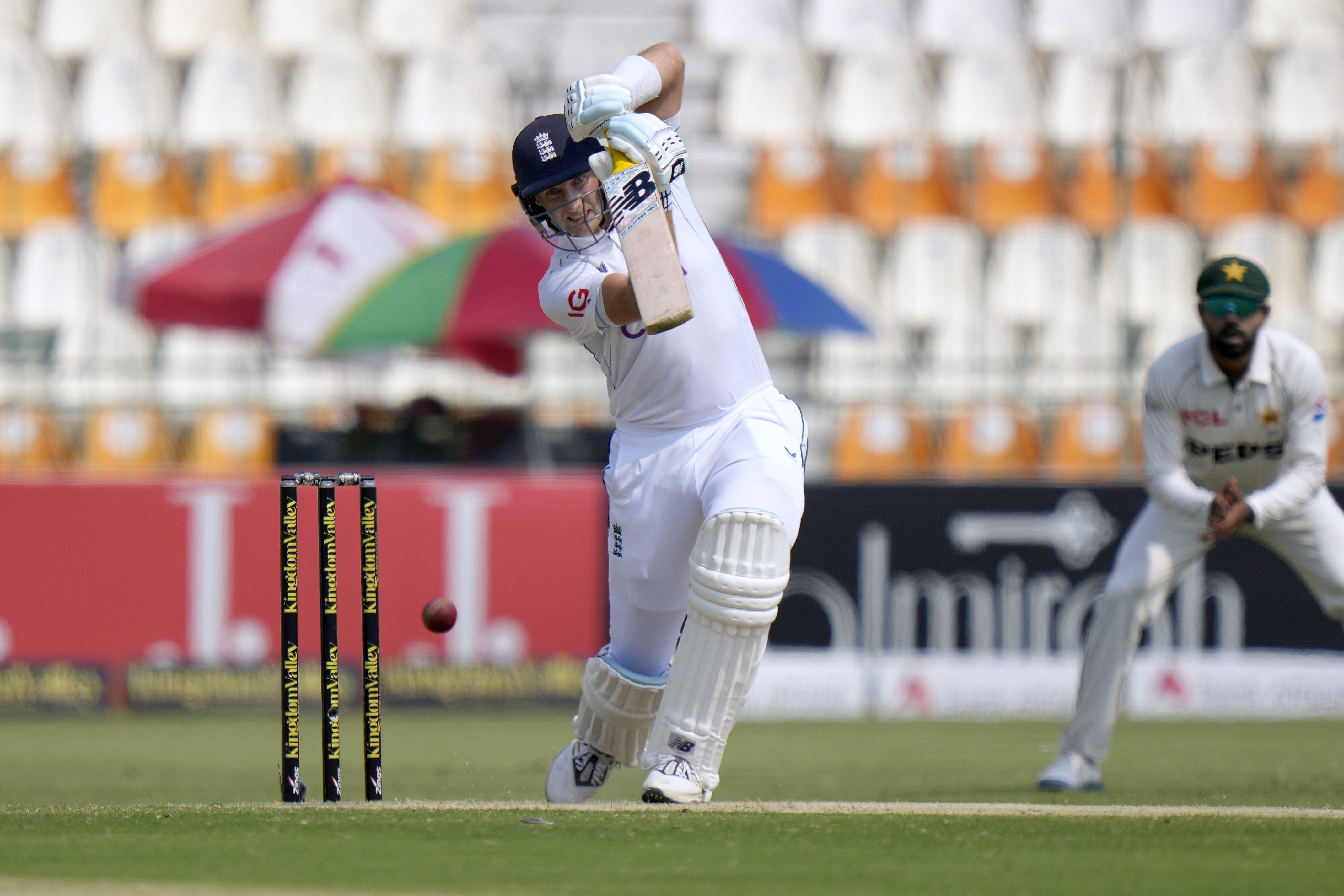England's Joe Root plays a shot during the third day of the first test cricket match between Pakistan and England, in Multan, Pakistan, Wednesday, Oct. 9, 2024.