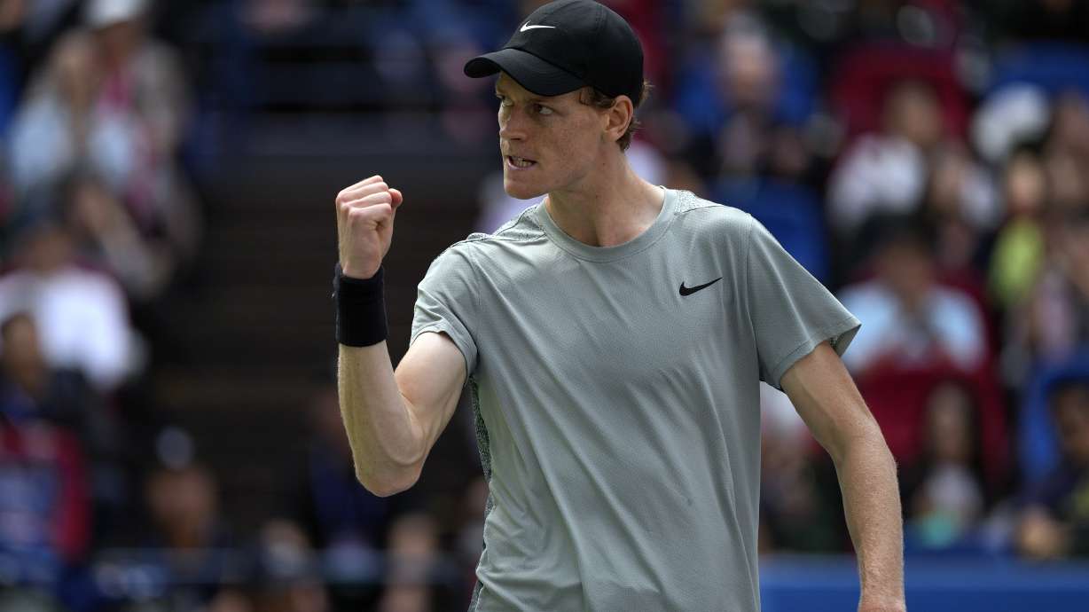 Jannik Sinner of Italy reacts during the men's singles fourth round match against Ben Shelton of the United States, in the Shanghai Masters tennis tournament at Qizhong Forest Sports City Tennis Center in Shanghai, China, Wednesday, Oct. 9, 2024.