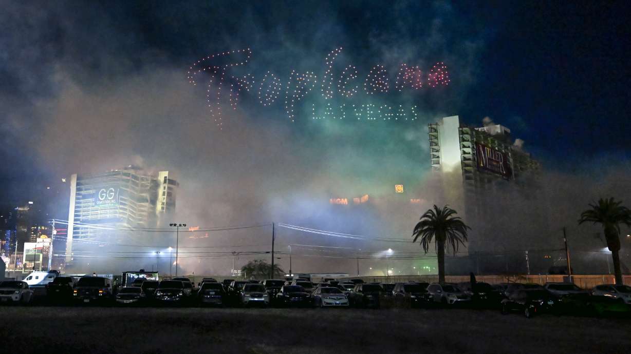 Tropicana Las Vegas hotel towers are imploded Wednesday in Las Vegas.