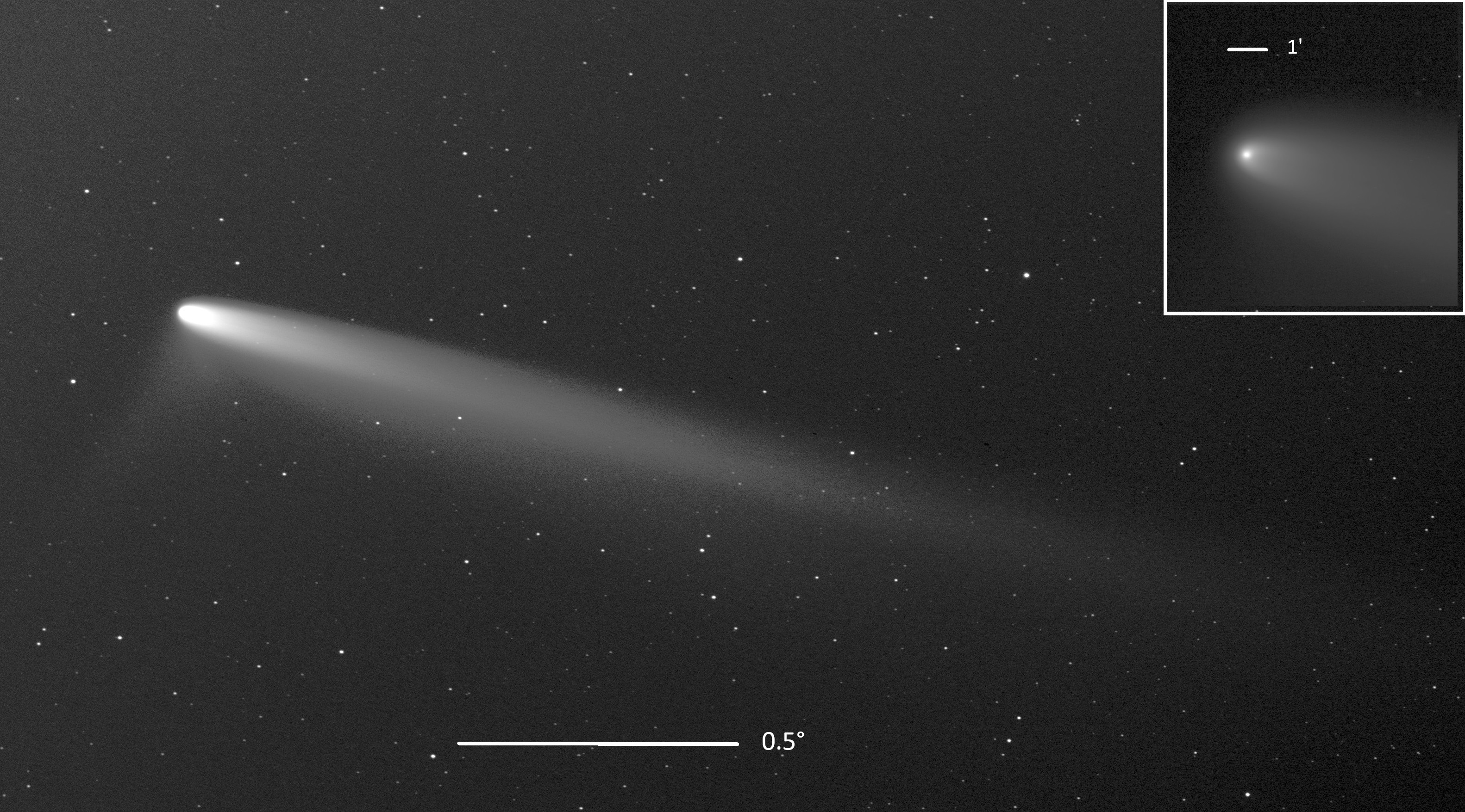 This image provided by Patrick Ditz shows two views of comet C/2023 A3 (ATLAS-Tsuchinshan) with bars added to indicate its angular size, seen from San Pedro de Atacama, Chile, on Sept. 24. This week, as the comet hurtles through the inner solar system, stargazers in Utah may be able to spot it with their unaided eye.