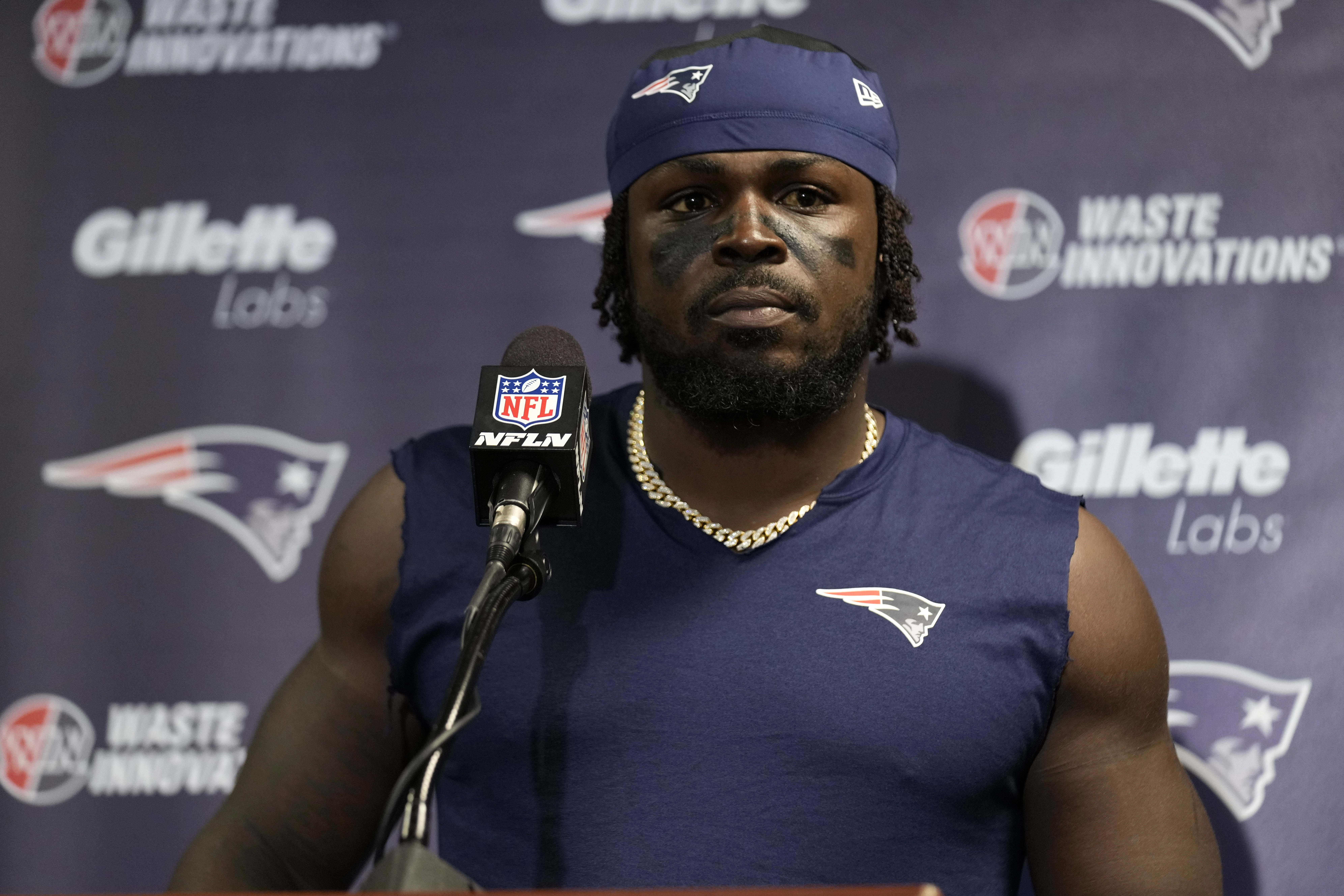 FILE - New England Patriots safety Jabrill Peppers answers questions during a news conference after playing against the New York Jets in an NFL football game, Sept. 19, 2024, in East Rutherford, N.J.