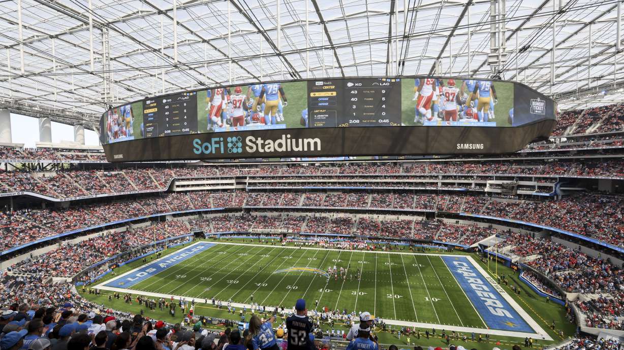FILE - General interior view of SoFi Stadium as the Kansas City Chiefs play the Los Angeles Chargers during an NFL football game Sunday, Sept. 29, 2024, in Inglewood, Calif.