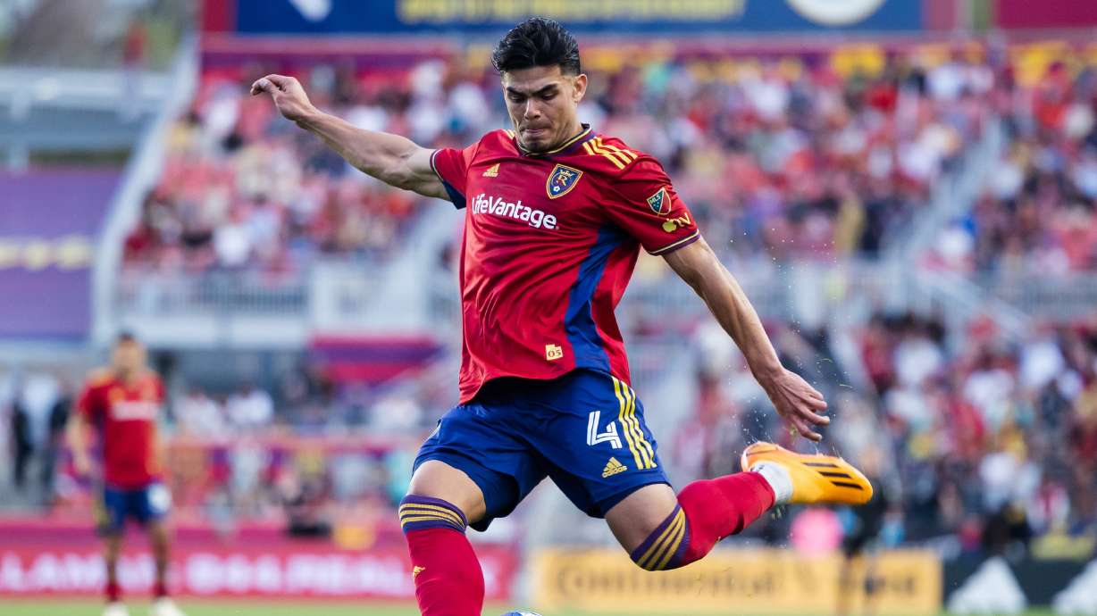Real Salt Lake defender Brayan Vera (4) prepares to kick the ball during a MLS match between Real Salt Lake and the Seattle Sounders at America First Field in Sandy on April 29, 2023.