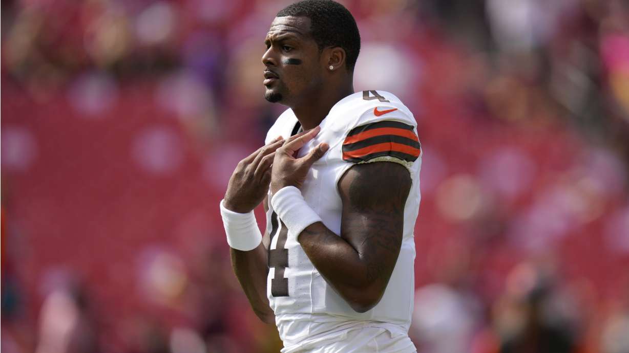 Cleveland Browns quarterback Deshaun Watson (4) warms up against the Washington Commanders before an NFL football game in Landover, Md., Sunday, Oct. 6, 2024.
