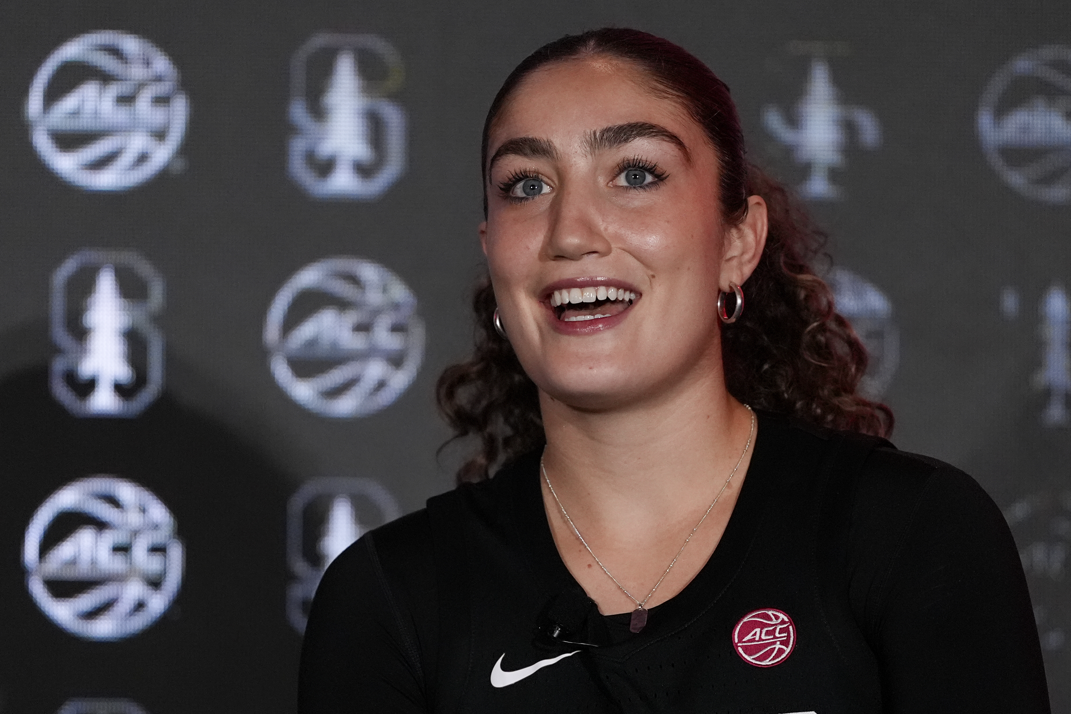 Stanford forward Brooke Demetre speaks during a ACC women's NCAA college basketball media day, Wednesday, Oct. 9, 2024, in Charlotte, N.C.