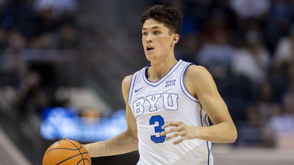Brigham Young guard Egor Demin (3) dribbles the ball down the court during the Cougars’ annual Blue & White Game at the Marriott Center on the campus of Brigham Young University in Provo on Wednesday, Oct. 9, 2024.