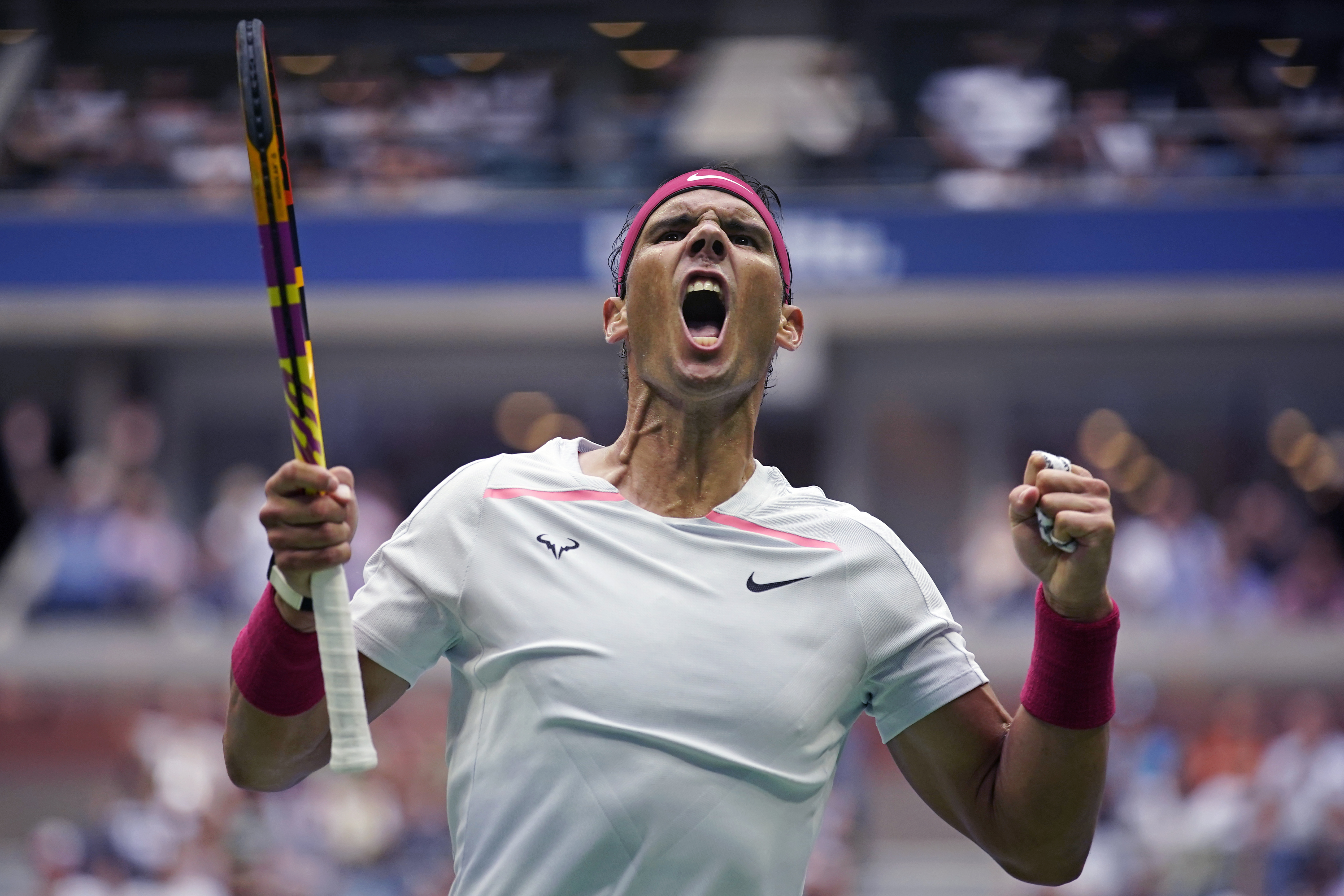 FILE - Rafael Nadal, of Spain, celebrates after winning a point against Frances Tiafoe, of the United States, during the fourth round of the U.S. Open tennis championships, Monday, Sept. 5, 2022, in New York., as he has announced he will retire from tennis at age 38 following the Davis Cup finals in November.