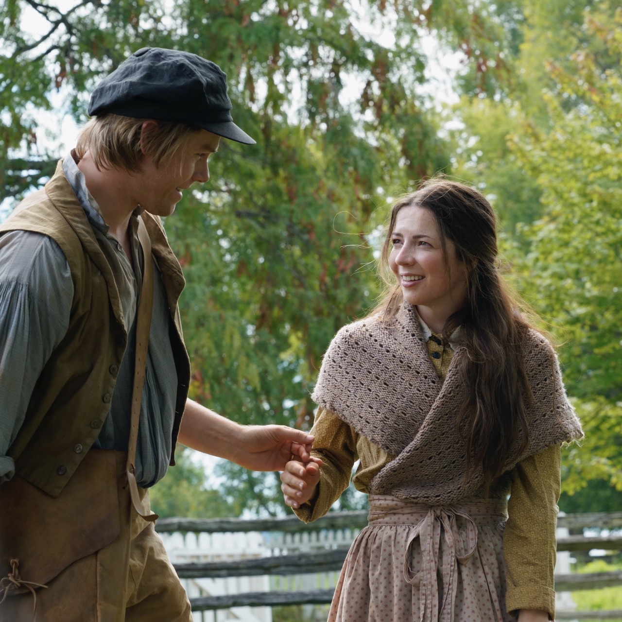 Brigham Young (John Donovan Wilson) and Mary Ann Angell (Twyla Wilson) walk together.