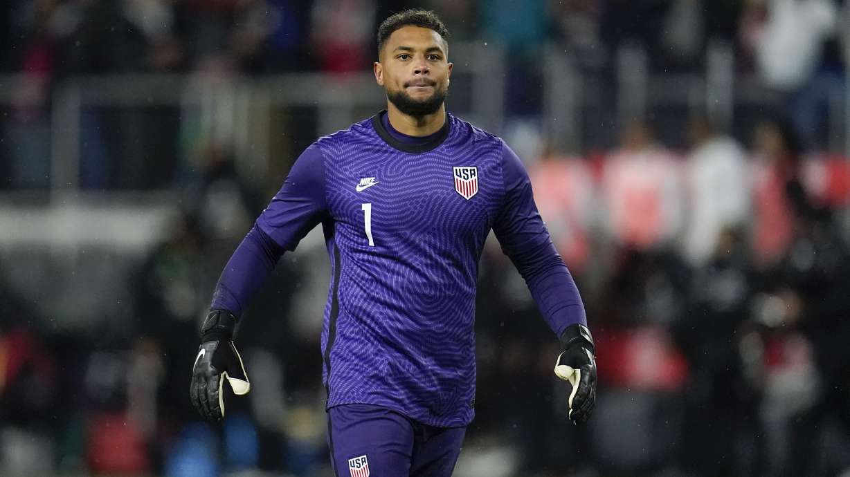 FILE - United States' Zack Steffen reacts at the end of a FIFA World Cup qualifying soccer match between Mexico and the United States, Friday, Nov. 12, 2021, in Cincinnati.
