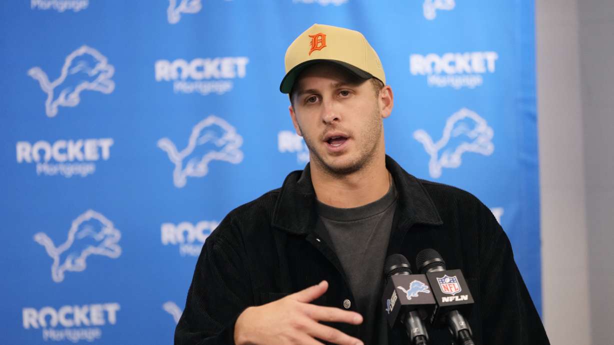 Detroit Lions quarterback Jared Goff addresses the media after an NFL football game against the Seattle Seahawks, Tuesday, Oct. 1, 2024, in Detroit.