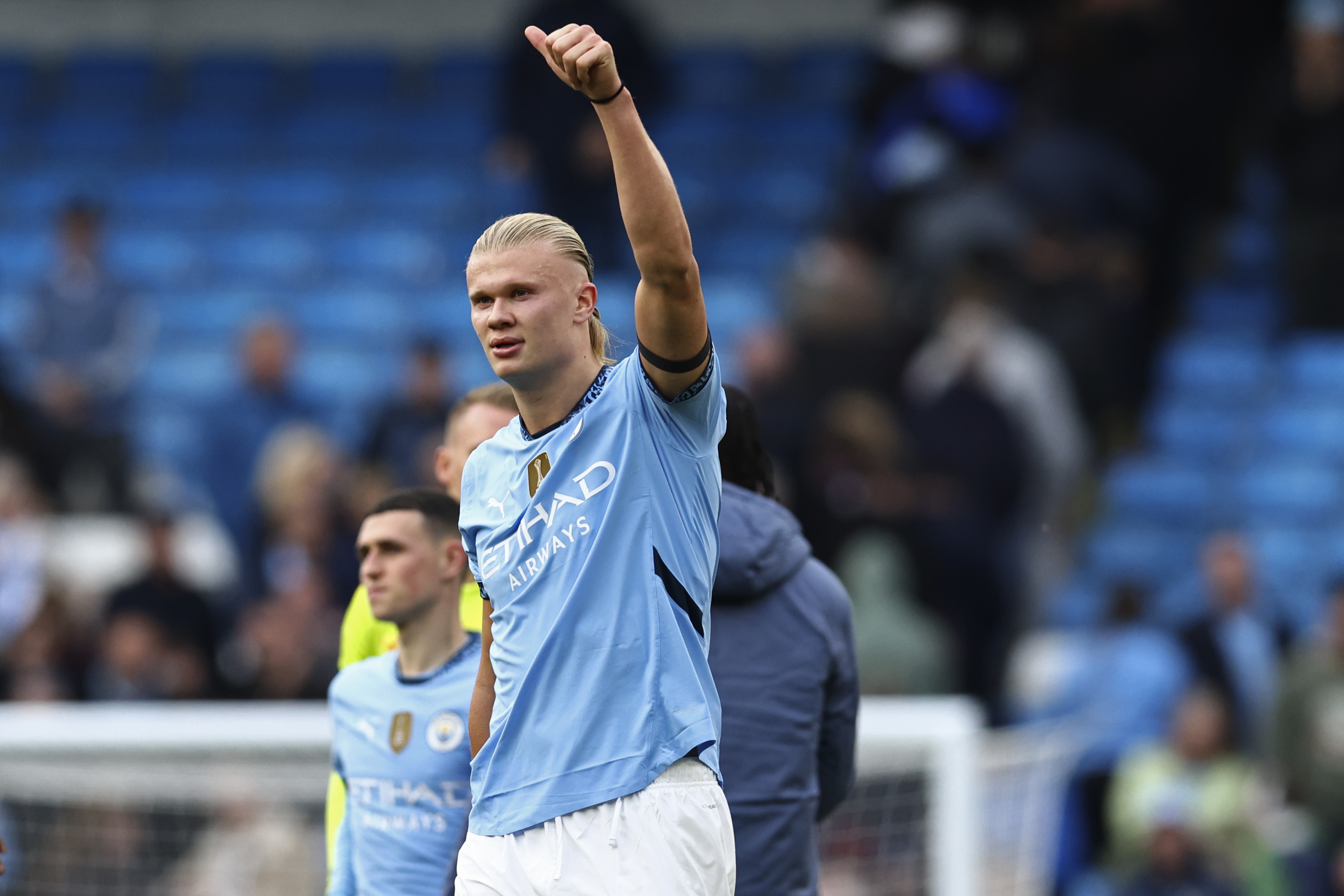 Manchester City's Erling Haaland reacts after their win in the English Premier League soccer match against Fulham at Etihad Stadium in Manchester, England, Saturday, Oct. 5, 2023.