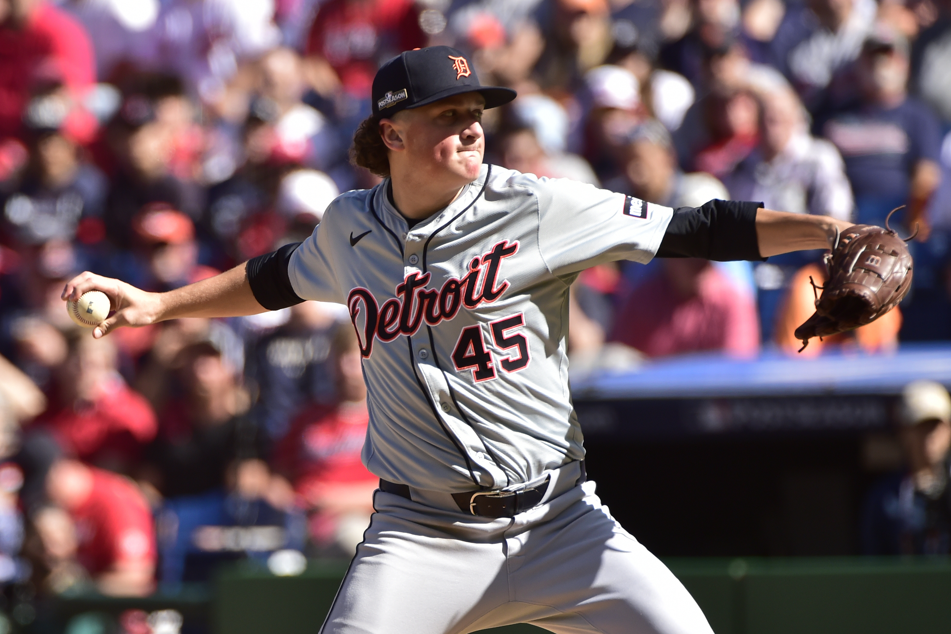 Detroit Tigers' Reese Olson (45) pitches in the third inning during Game 1 of baseball's AL Division Series against the Cleveland Guardians, Saturday, Oct. 5, 2024, in Cleveland.