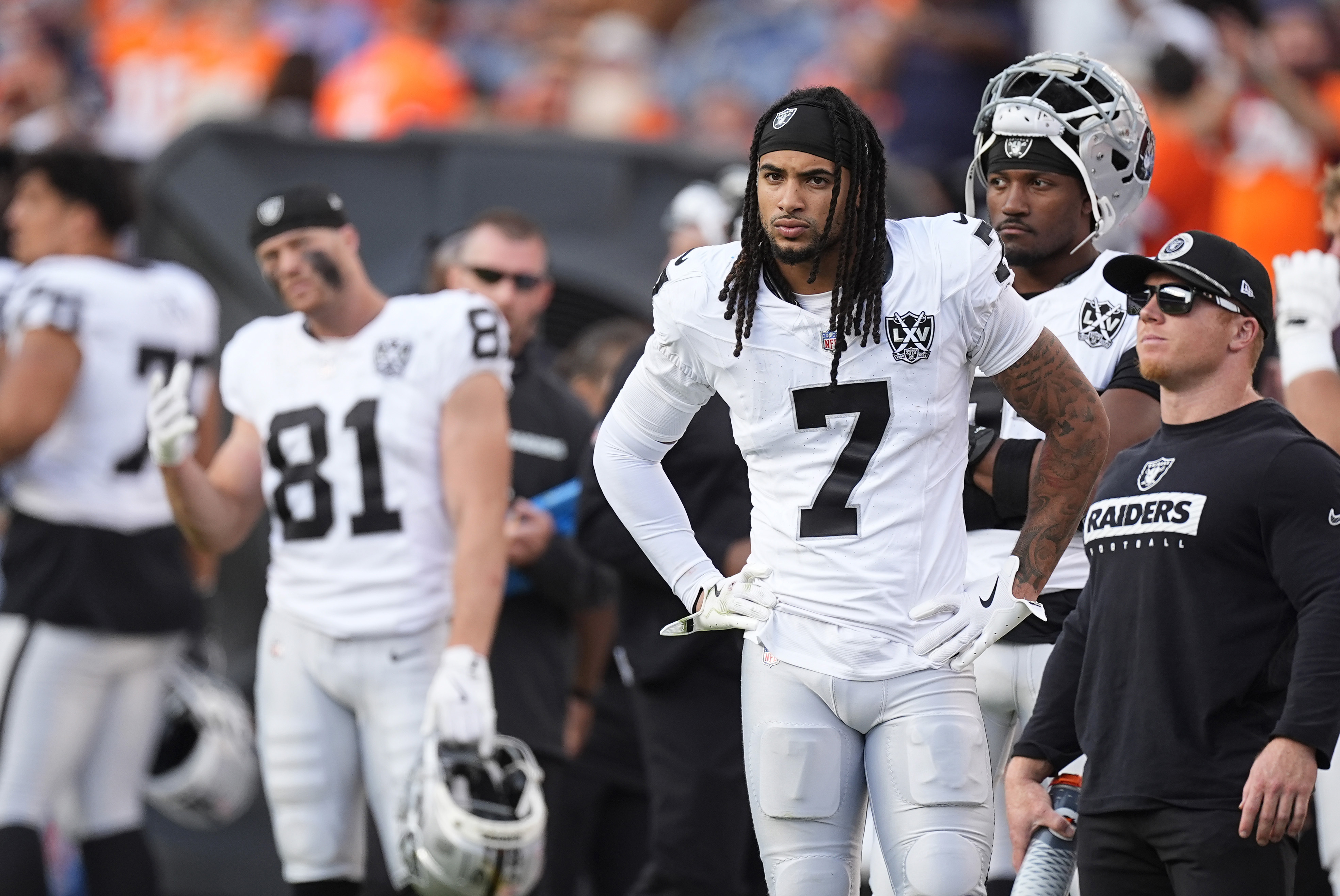 Las Vegas Raiders safety Tre'von Moehrig looks on as time runs out in the second half of an NFL football game against the Denver Broncos Sunday, Oct. 6, 2024, in Denver.