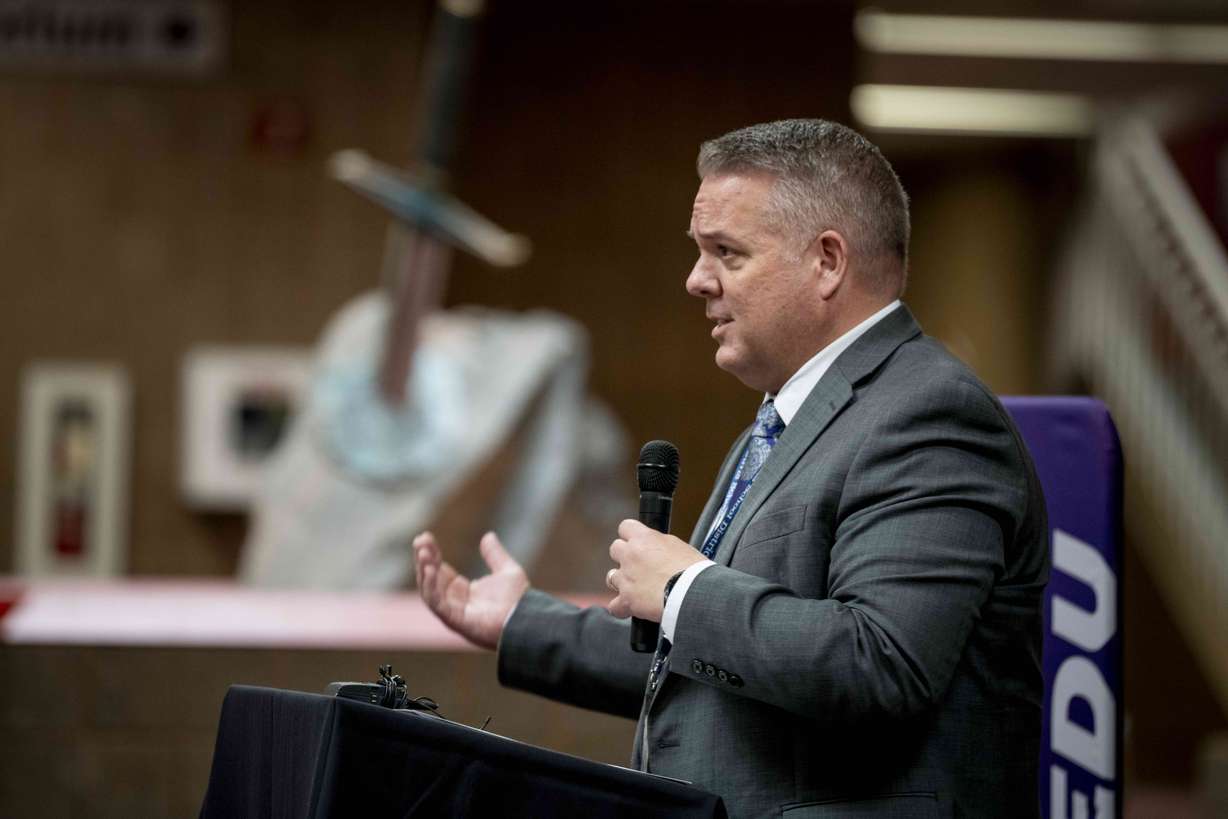 Davis School District Superintendent Dan Linford speaks at the announcement of an initiative on Thursday to automatically admit high school seniors in Davis, Morgan and Weber counties to Weber State University, Ogden-Weber Technical College and Davis Technical College.