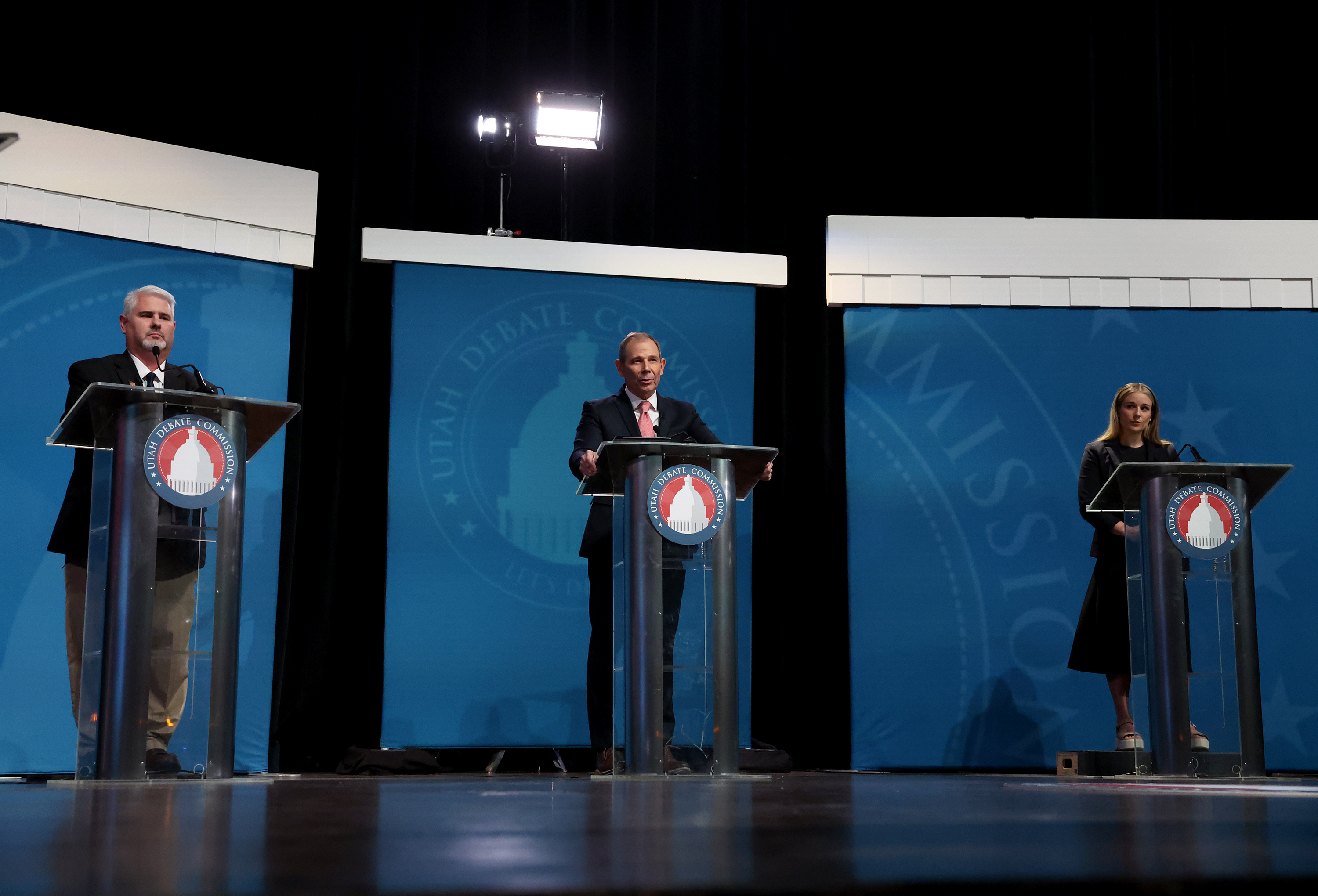 Carlton Bowen, John Curtis, and Caroline Gleich speak during the 2024 U.S. Senate debate at the Browning Center on the campus of Weber State University in Ogden on Thursday.