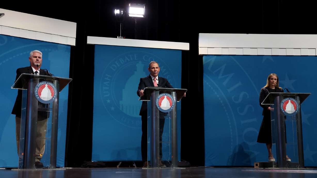 Carlton Bowen, John Curtis, and Caroline Gleich speak during the 2024 U.S. Senate debate at the Browning Center on the campus of Weber State University in Ogden on Thursday.