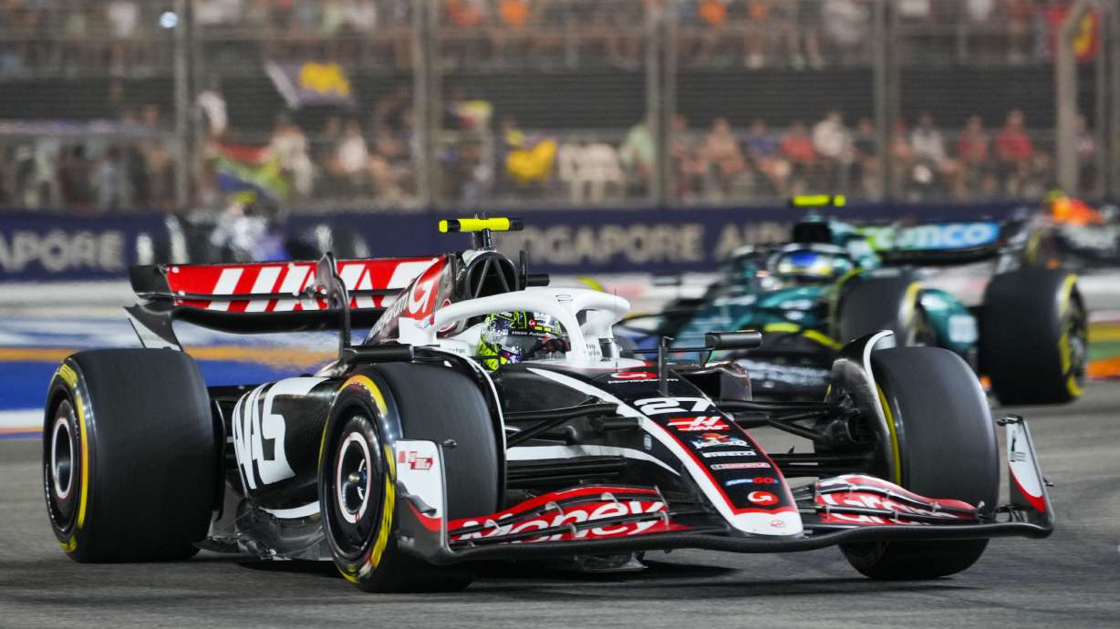 Haas driver Nico Hulkenberg of Germany steers his car during the Singapore Formula One Grand Prix at the Marina Bay Street Circuit, in Singapore, Sunday, Sept. 22, 2024.