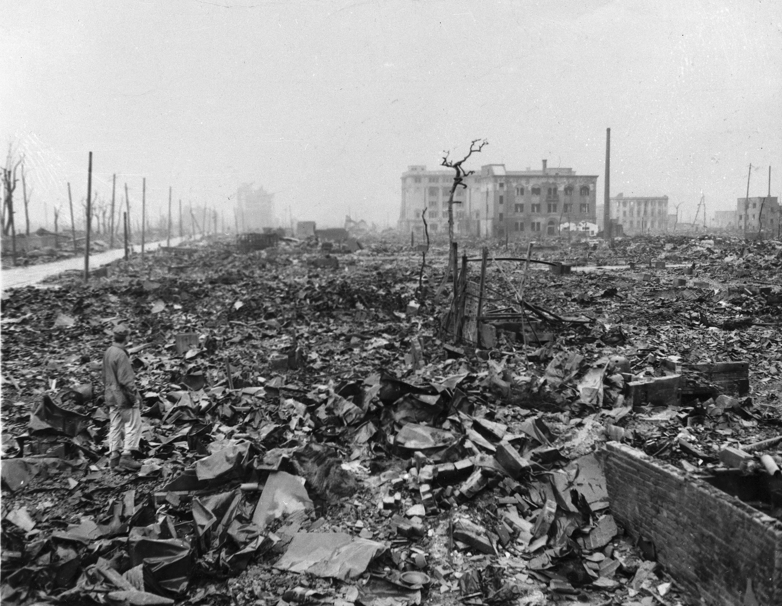 In this 1945 photo, a view of the devastation after the atom bomb was dropped, in Hiroshima, Japan. The Nobel Peace Prize has been awarded to Nihon Hidankyo, a Japanese organization of survivors of the U.S. atomic bombings of Hiroshima and Nagasaki, for its activism against nuclear weapons.
