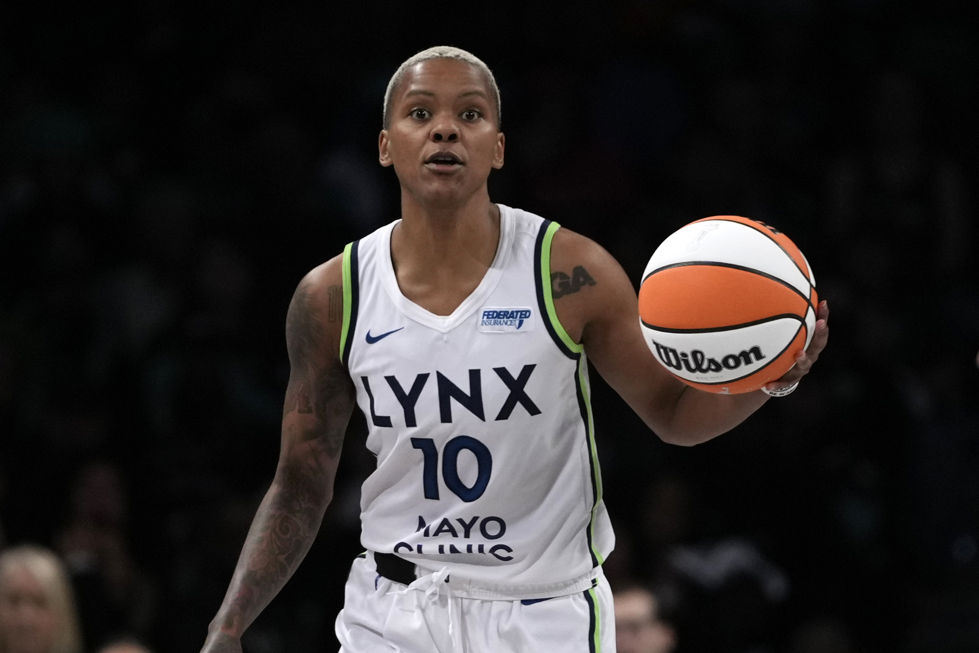 Minnesota Lynx's Courtney Williams dribbles during the second half in Game 1 of a WNBA basketball final playoff series against the New York Liberty, Thursday, Oct. 10, 2024, in New York.
