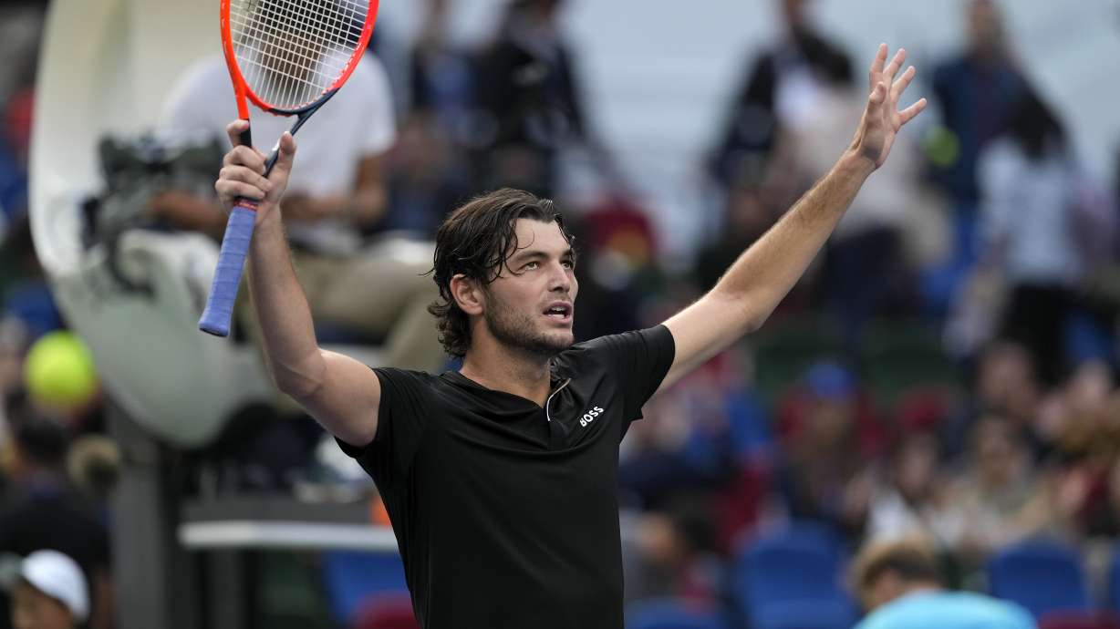 Taylor Fritz of the United States celebrates after defeating David Goffin of Belgium in the men's singles quarterfinals match of the Shanghai Masters tennis tournament at Qizhong Forest Sports City Tennis Center in Shanghai, China, Friday, Oct. 11, 2024.