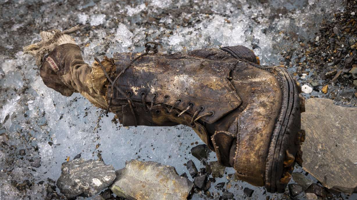 A view of a sock embroidered with "A.C. Irvine," along with a boot were discovered on the Central Rongbuk Glacier below the North Face of Mount Everest is shown Friday.