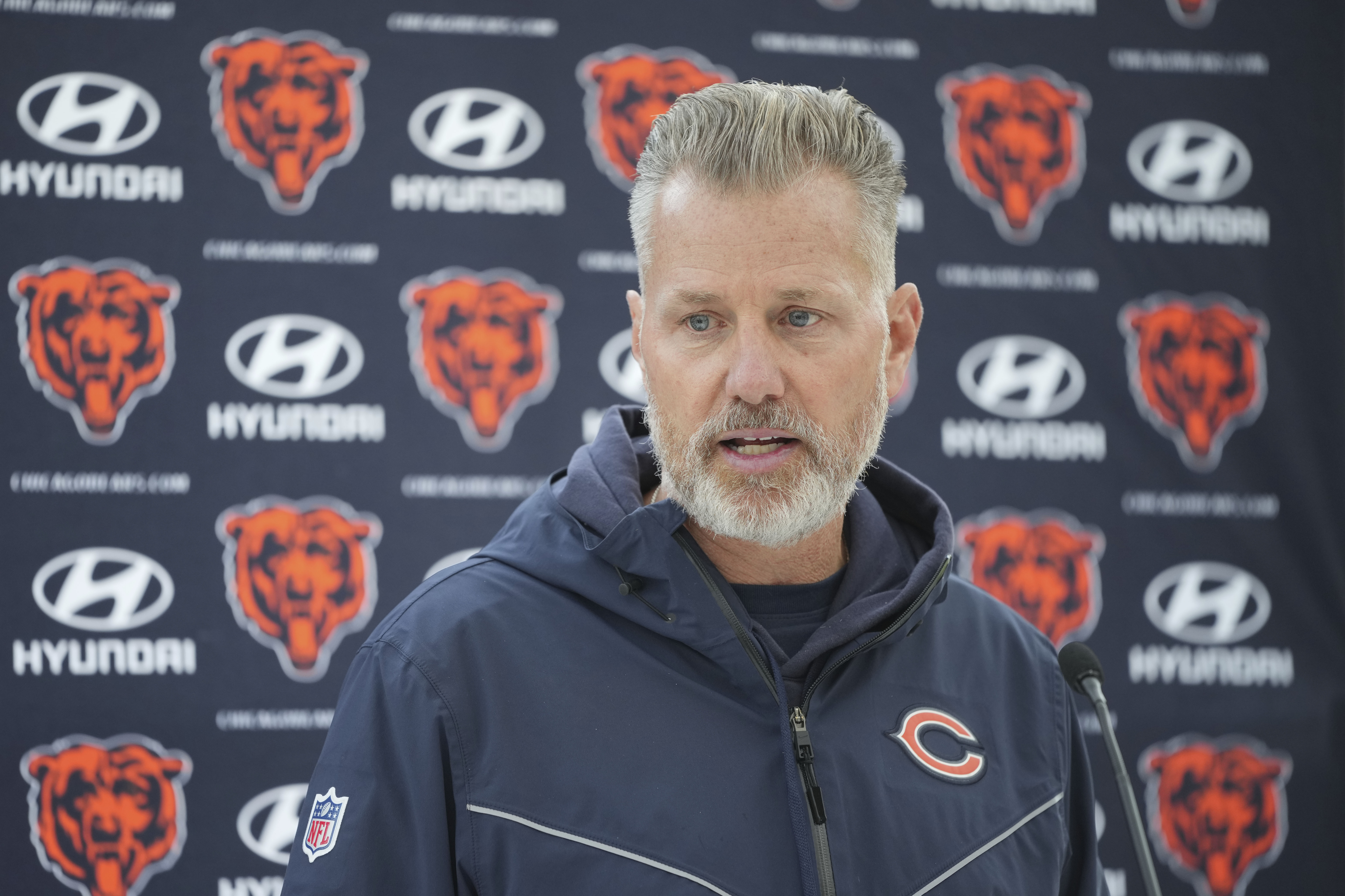 Chicago Bears head coach Matt Eberflus speaks during an interview after a training session in Ware, England, Friday, Oct. 11, 2024, ahead of the game between Jacksonville Jaguars and Chicago Bears at the Tottenham Hotspur stadium on Sunday.