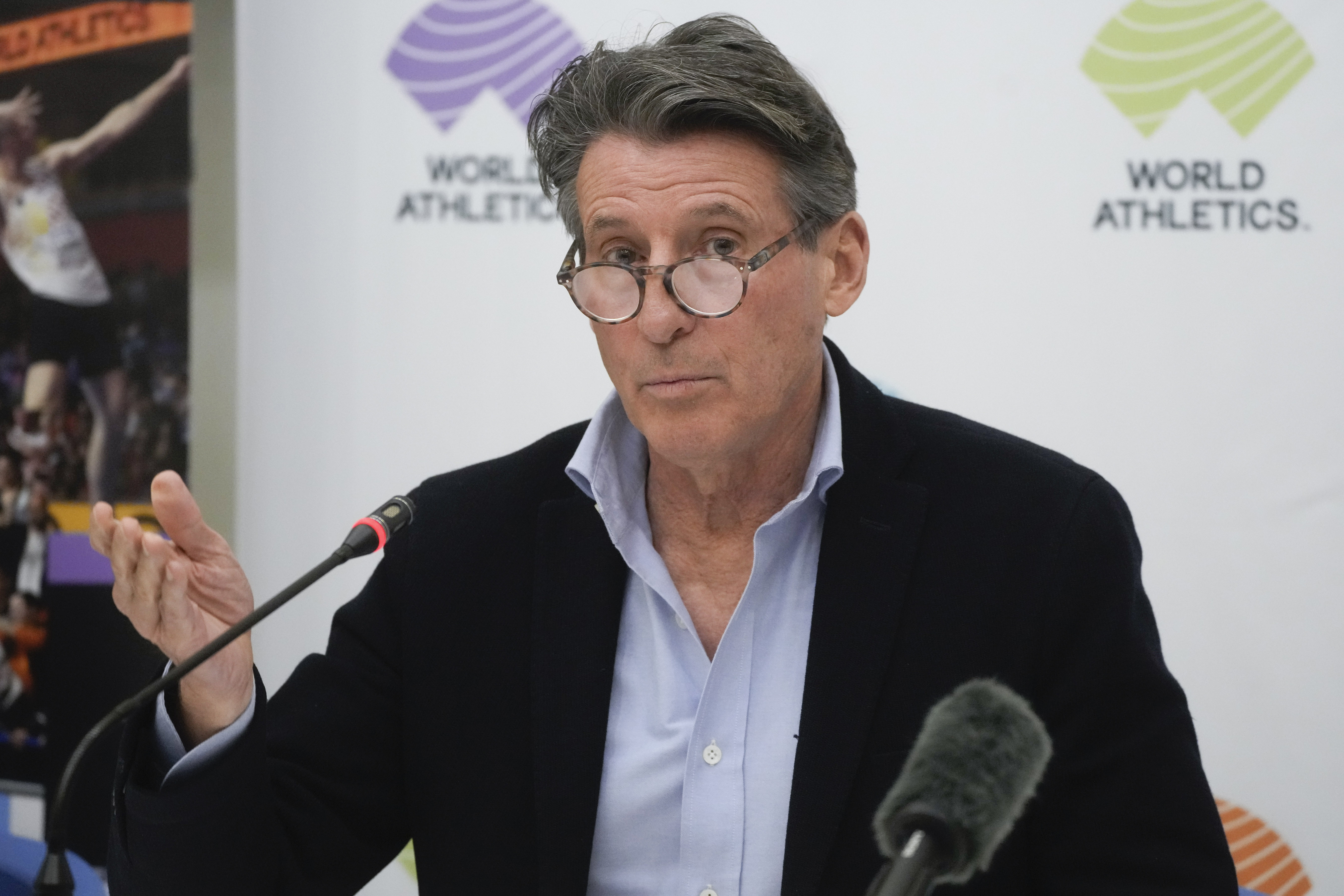 FILE - World Athletics President Sebastian Coe holds a press conference at the conclusion of the World Athletics meeting at the Italian National Olympic Committee, headquarters in Rome, Nov. 30, 2022.