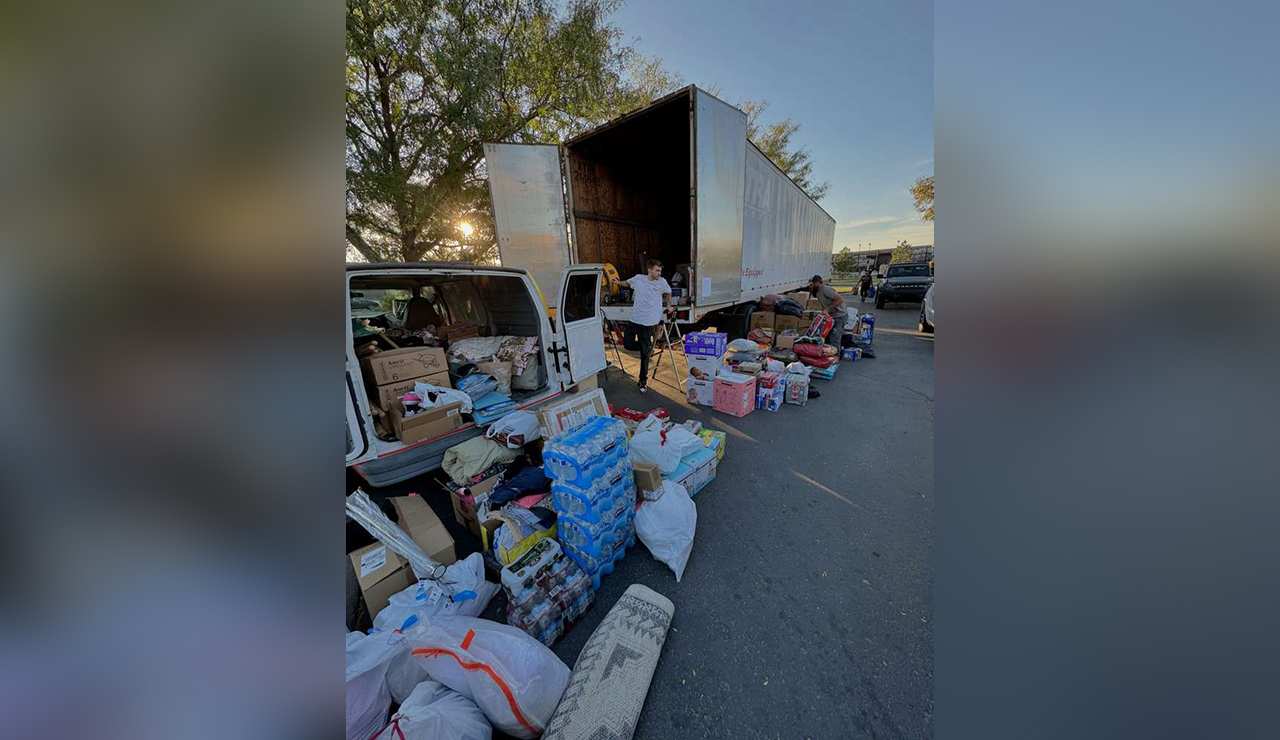 Donations sit in the parking lot of Salsa Leedos in Herriman on Thursday, ready to be loaded into a semi and taken to hurricane-stricken Florida.