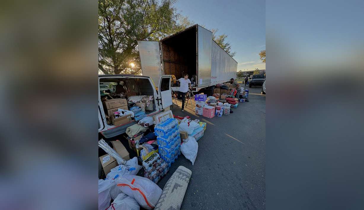 Donations sit in the parking lot of Salsa Leedos in Herriman on Thursday, ready to be loaded into a semi and taken to hurricane-stricken Florida.